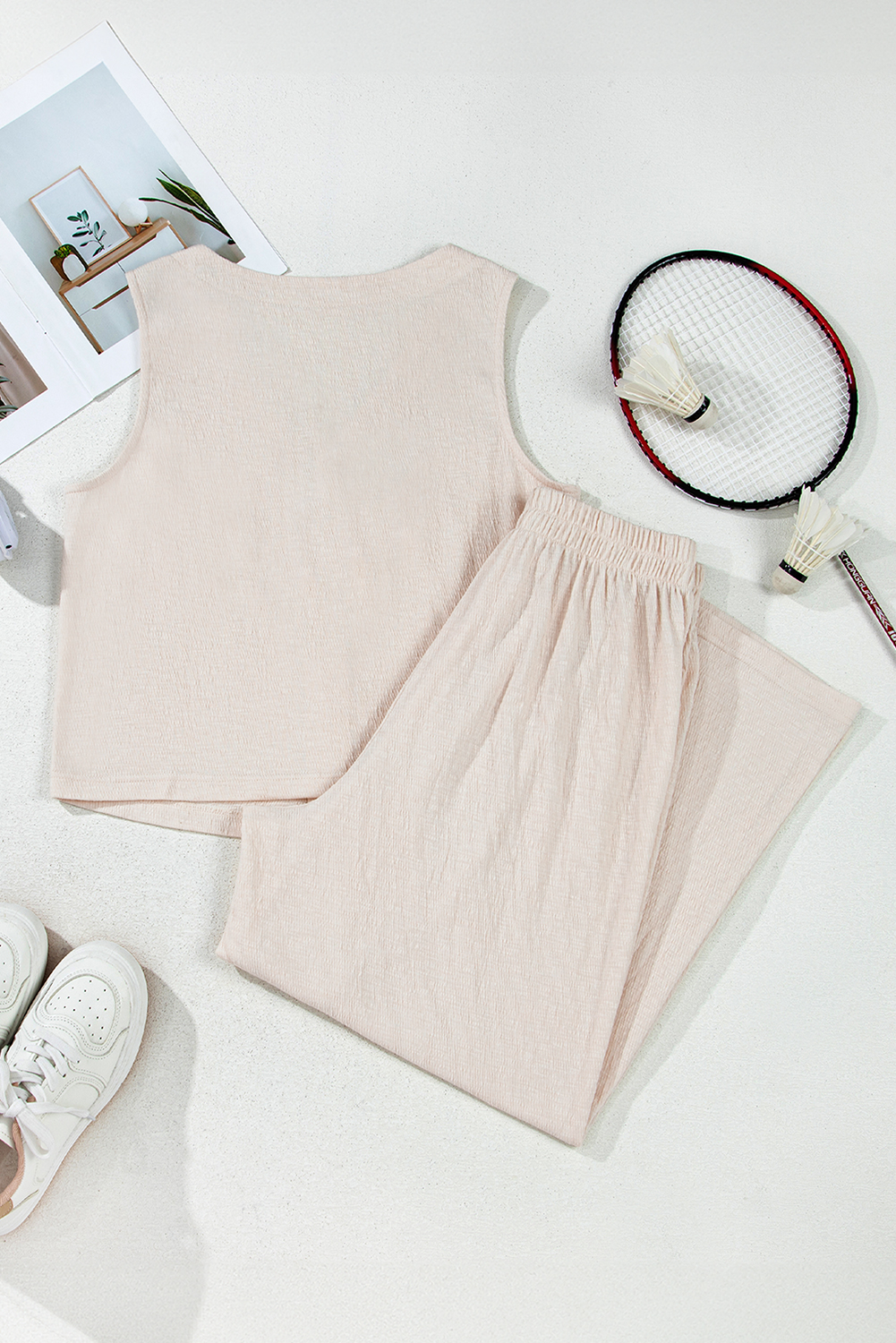 Apricot Buttoned V Neck Tank Top and Wide Leg Pants Casual Outfit