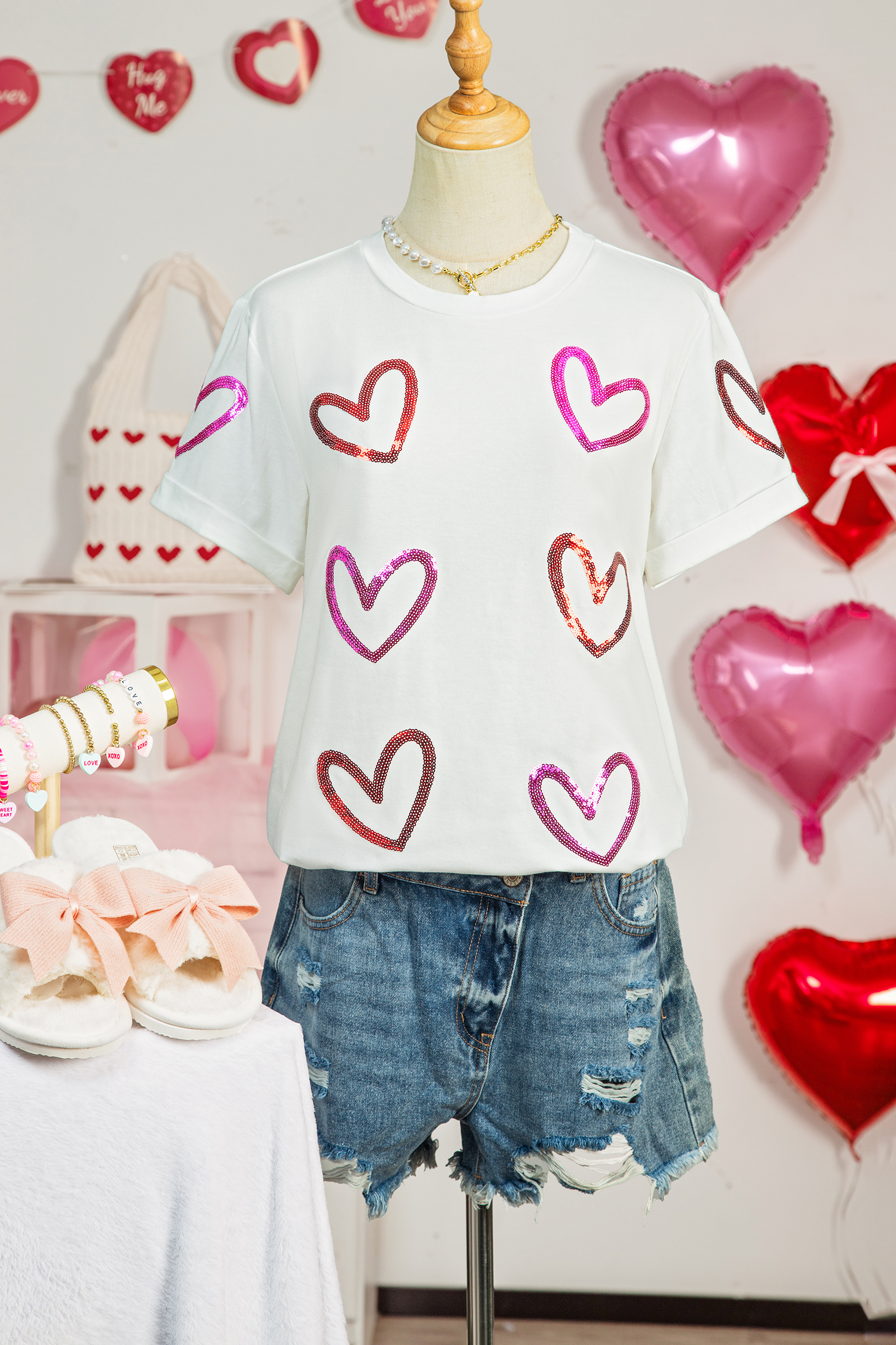 White Sequin Heart Sketch Graphic Womens Casual Tee