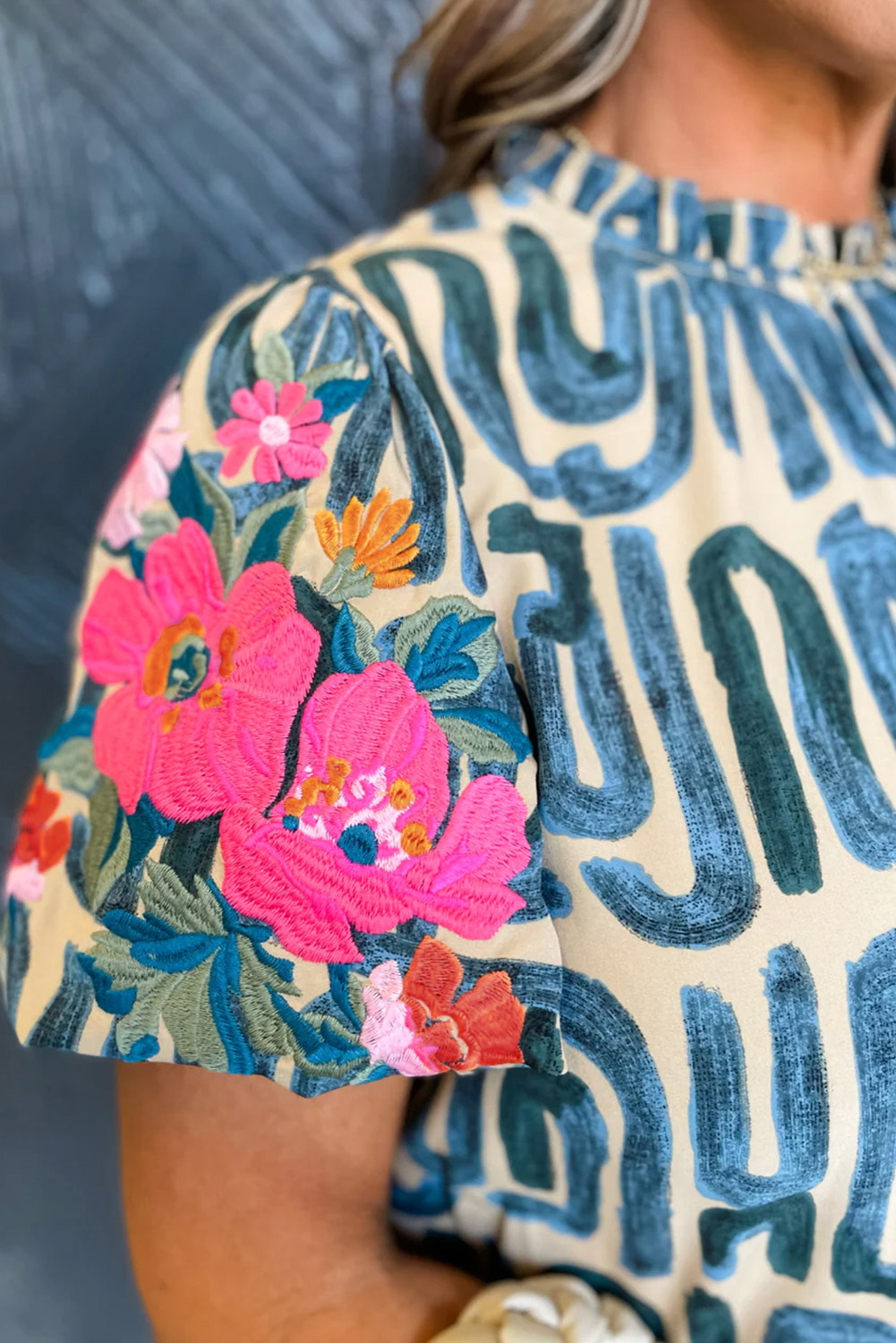 Beige Abstract Print Bubble Sleeve Button up Mini Dress