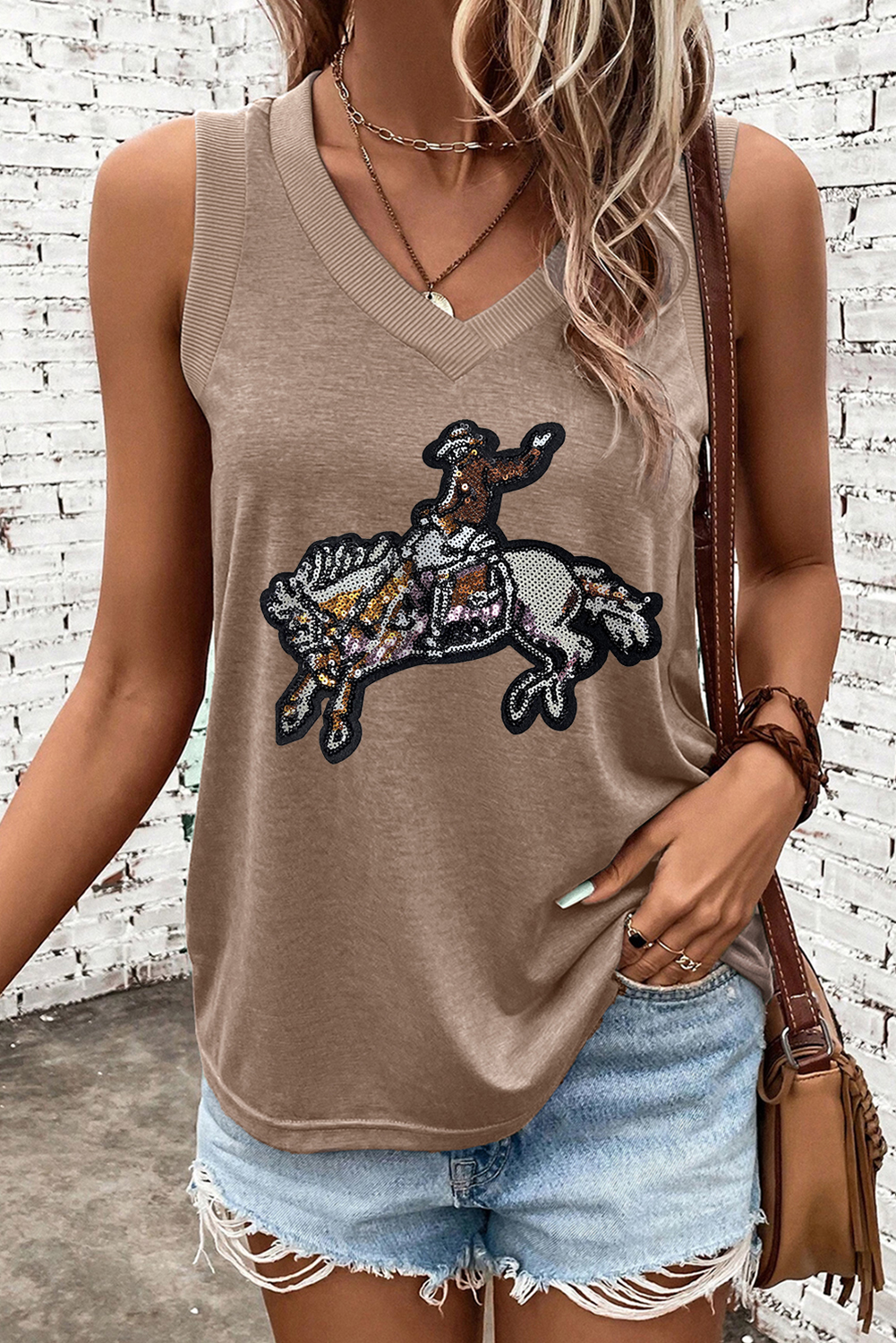 Simply Taupe Sequined Rodeo Graphic Western Fashion Tank Top