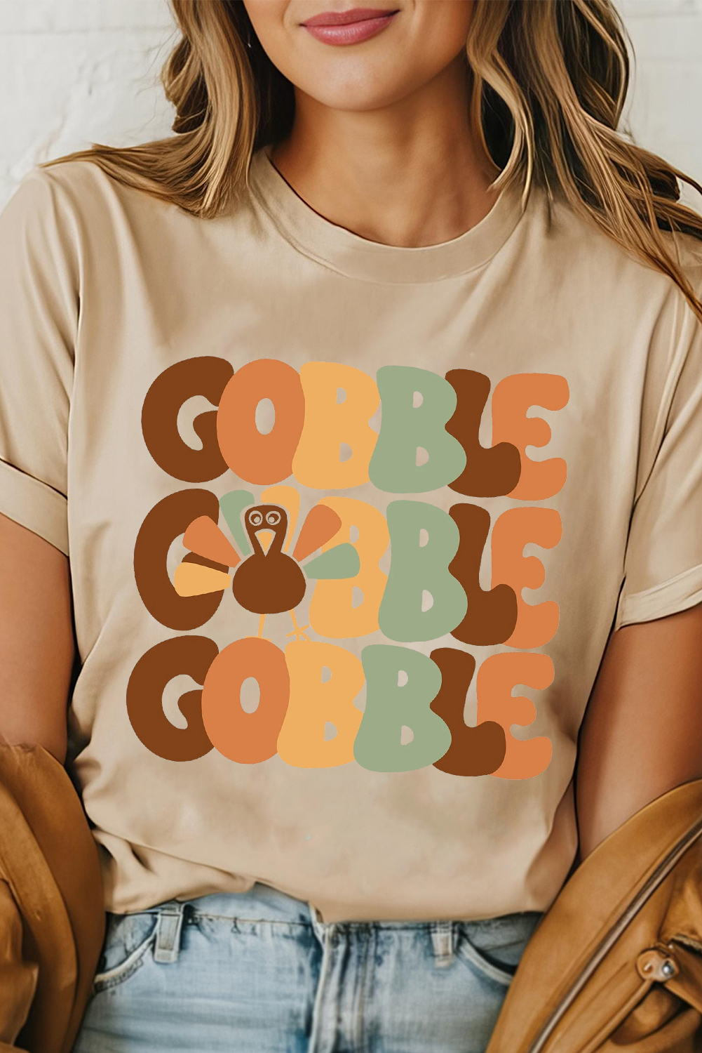 Khaki GOBBLE Turkey Print Thanksgiving Fashion Tee