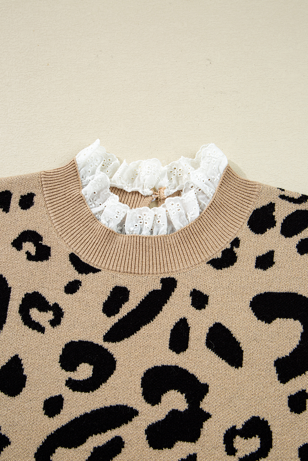 Dearlovers Brown Leopard Pattern Lace Ribbed Detail Button Cuffed Sweater