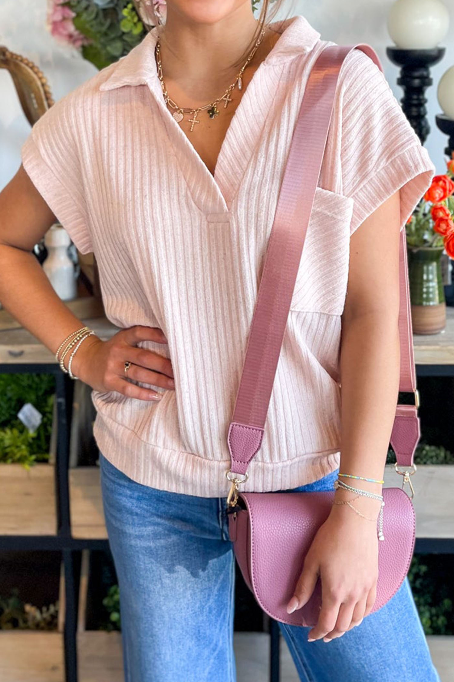 Light Pink Collared V Neck Ribbed Tee