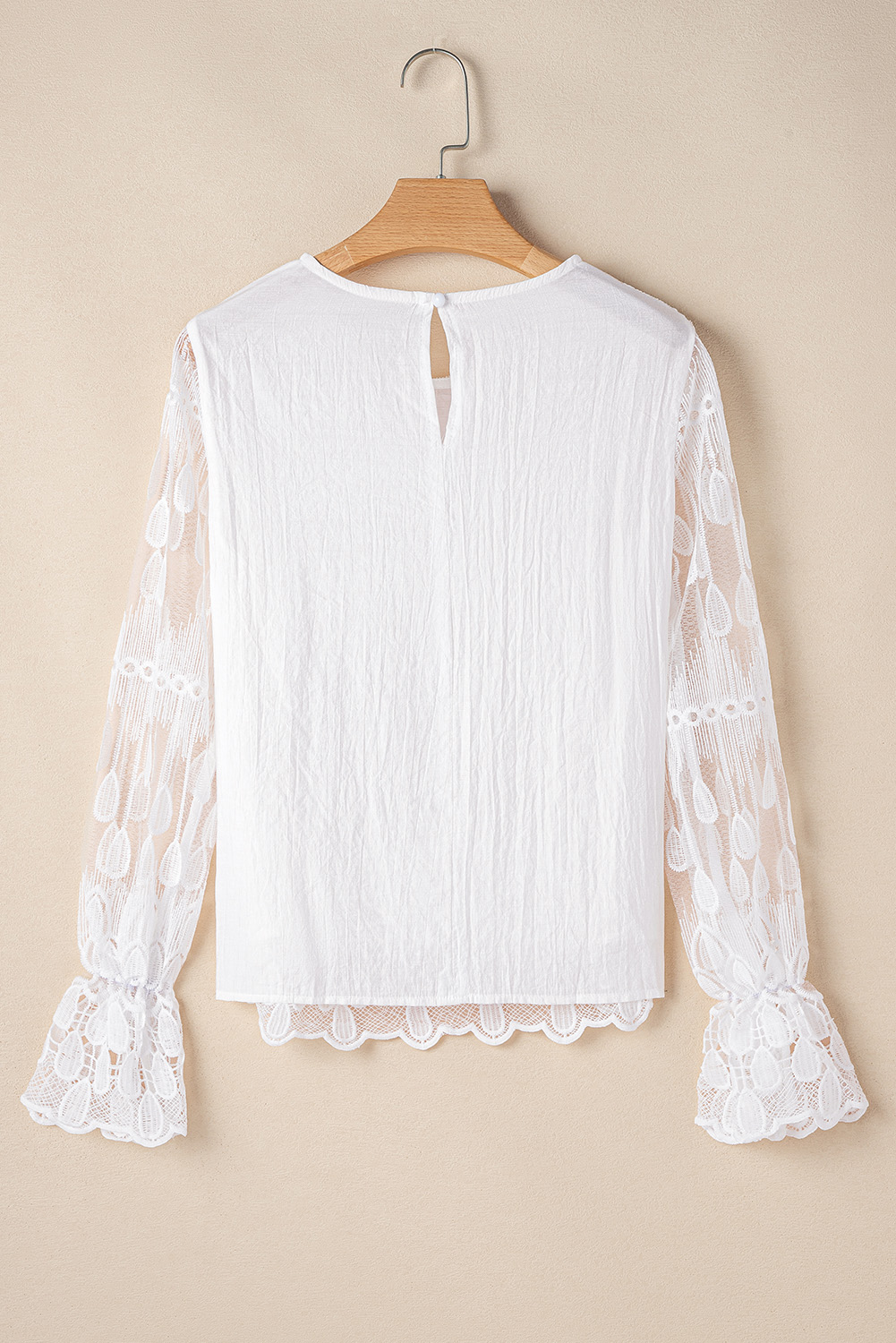 Beige Embroidered Mesh Flounce Sleeve Blouse