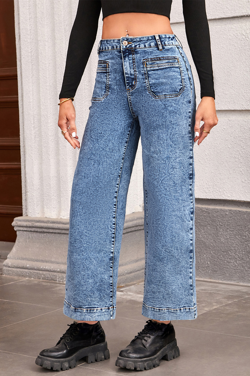 Light Blue Chic Patch Pocket Straight Leg Loose Jeans