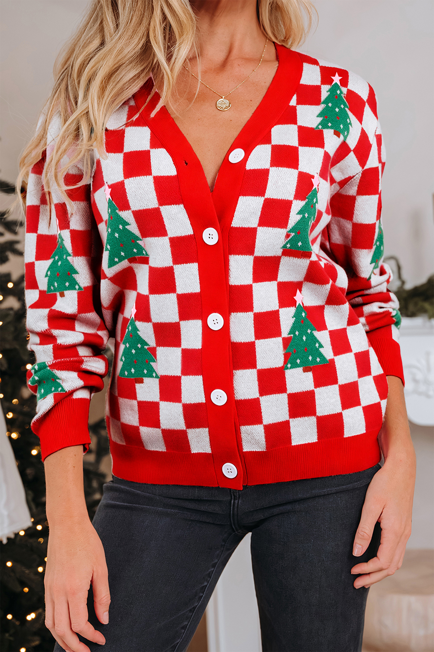 Pink Checkered Christmas Tree Pattern Button V Neck Cardigan Sweater