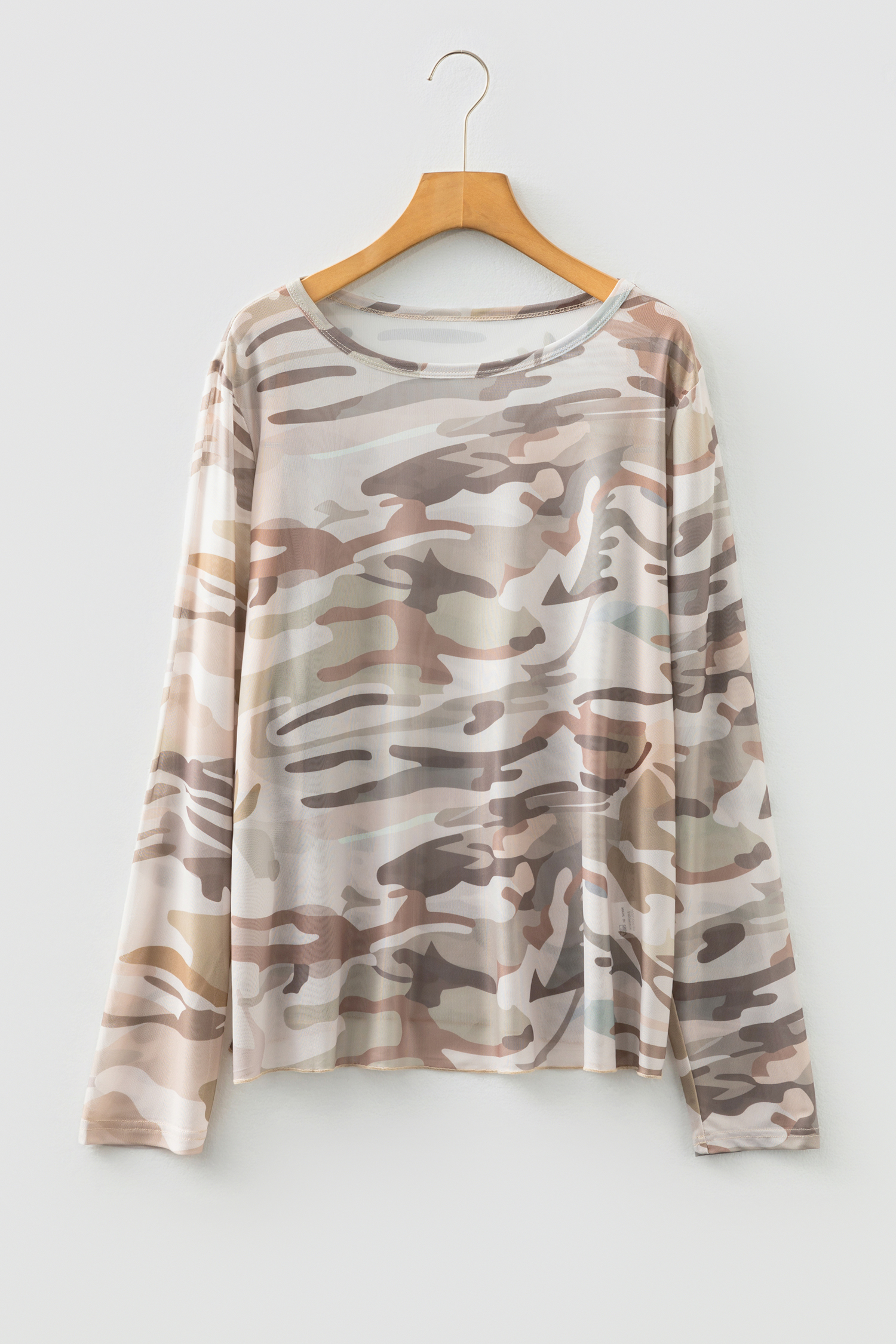 Western Fashion Camouflage Print Mesh Long Sleeve Top
