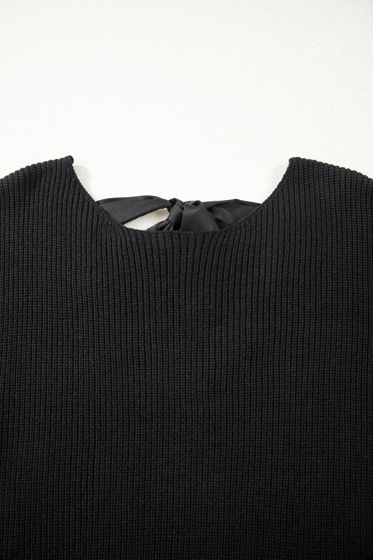 Black Ribbed Knit Ribbon Knot Backless Drop Shoulder Sweater
