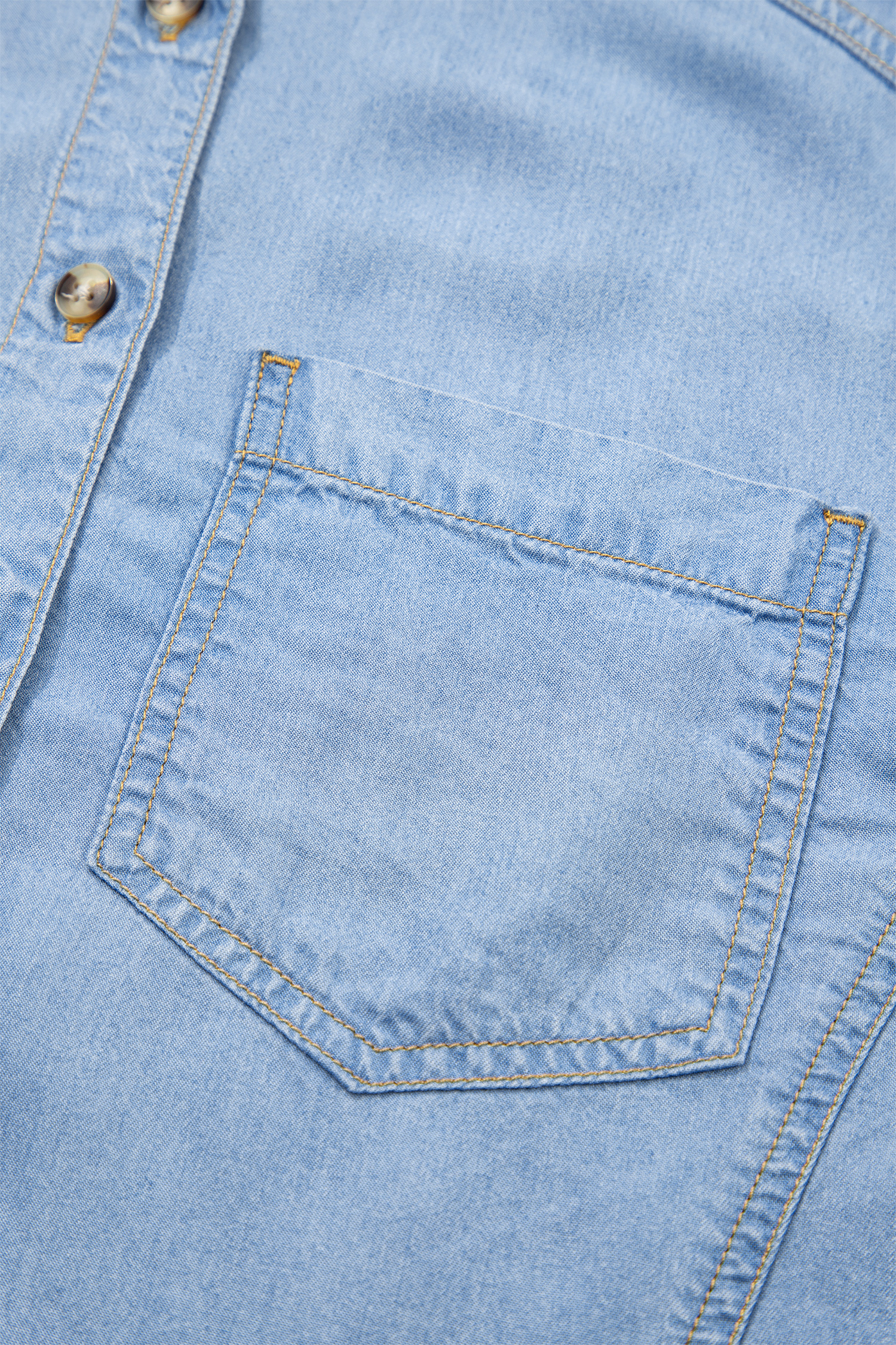 Beau Blue Half Sleeve Button Down Ruffled High Low Chambray Shirt