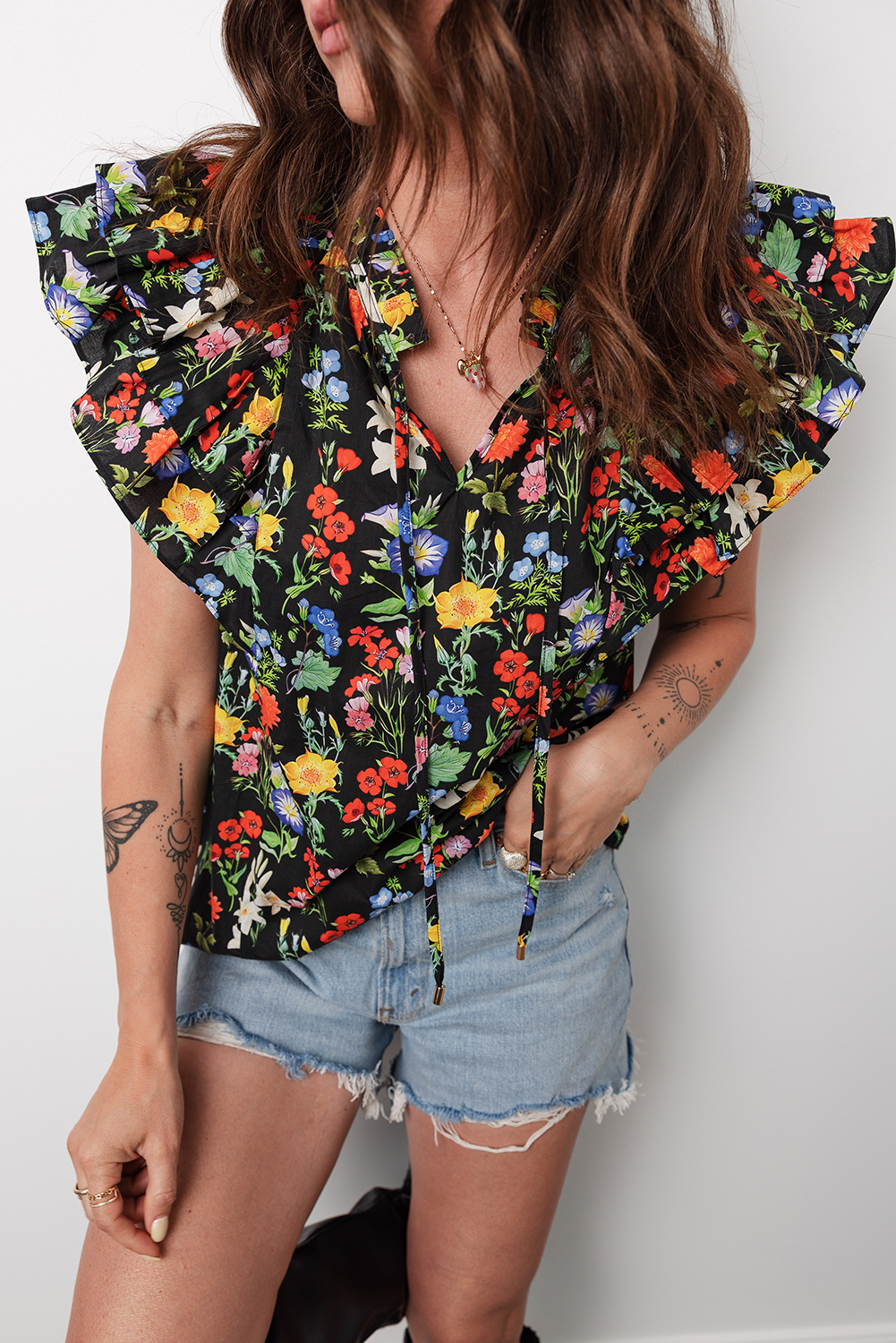 Black Tiered Flutter Sleeve V Neck Flower Blouse