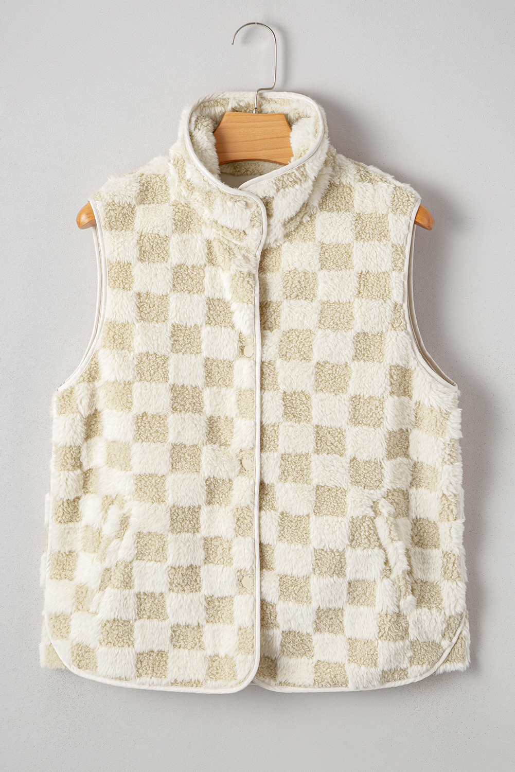 Khaki Sherpa Checkerboard Snap Button Vest Jacket With Pocket