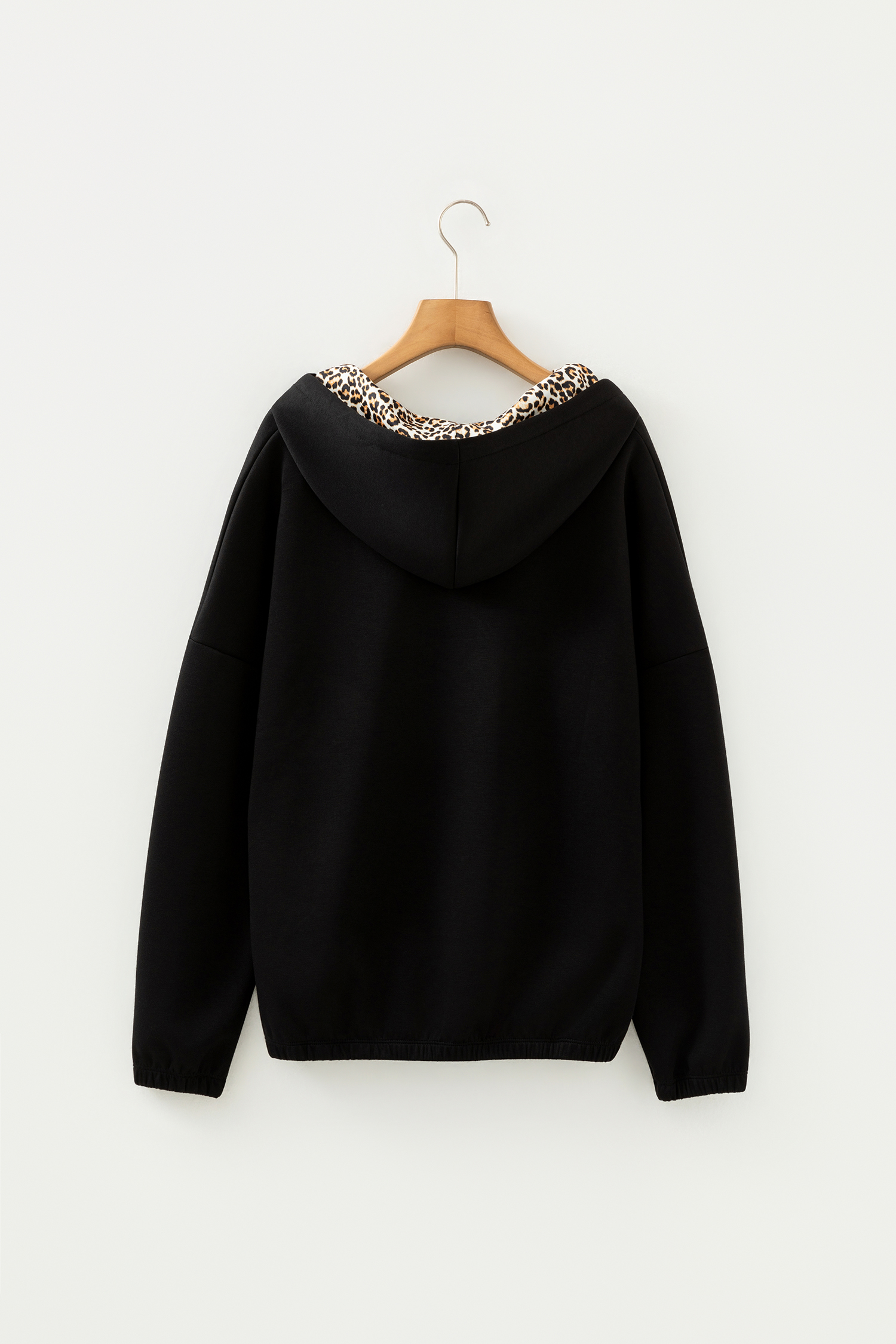 Jet Stream Leopard Contrast Drawstring Hood Drop Shoulder Loose Top