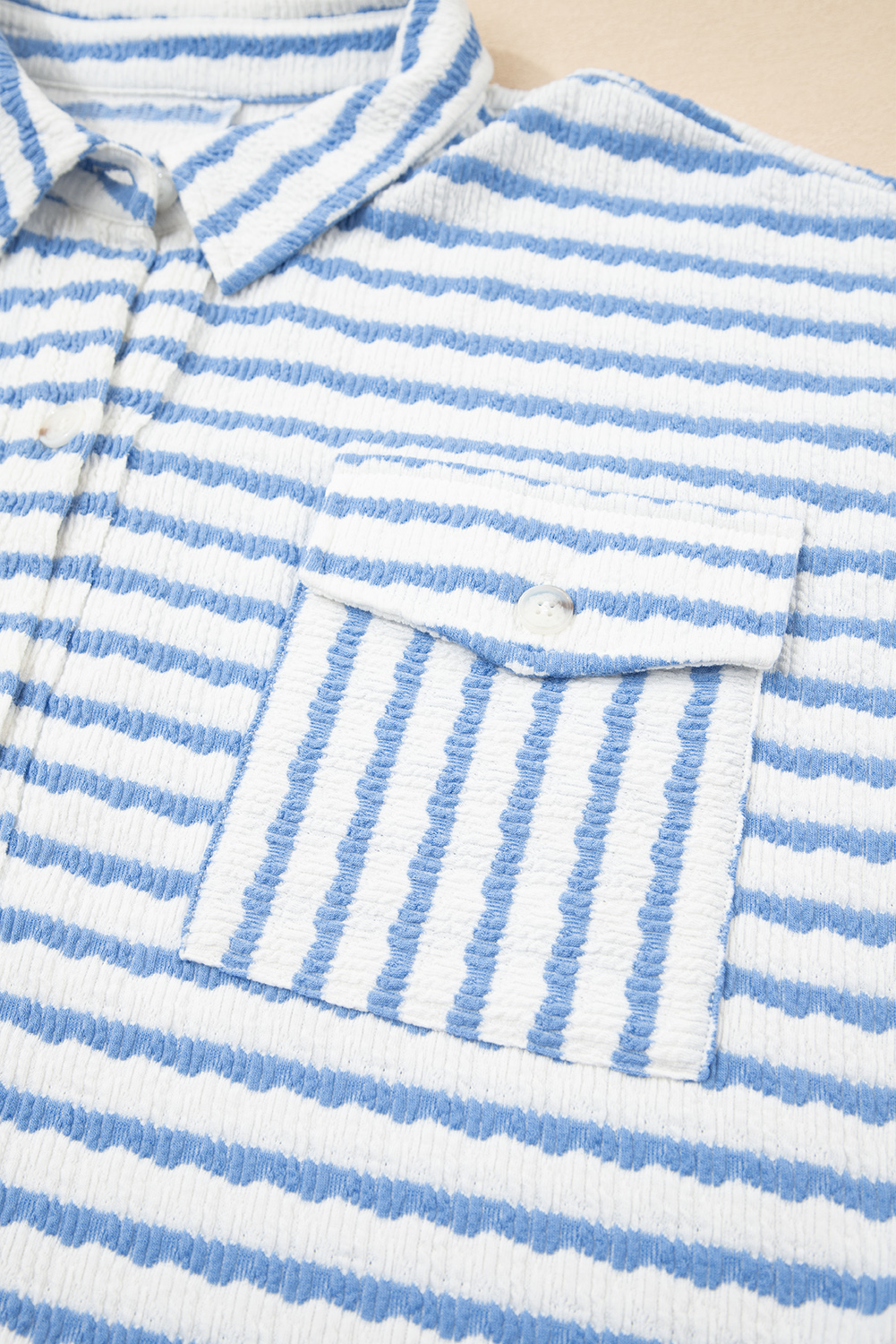 Sky Blue Stripe Half Button Collared Chest Pockets Loose Fit Blouse