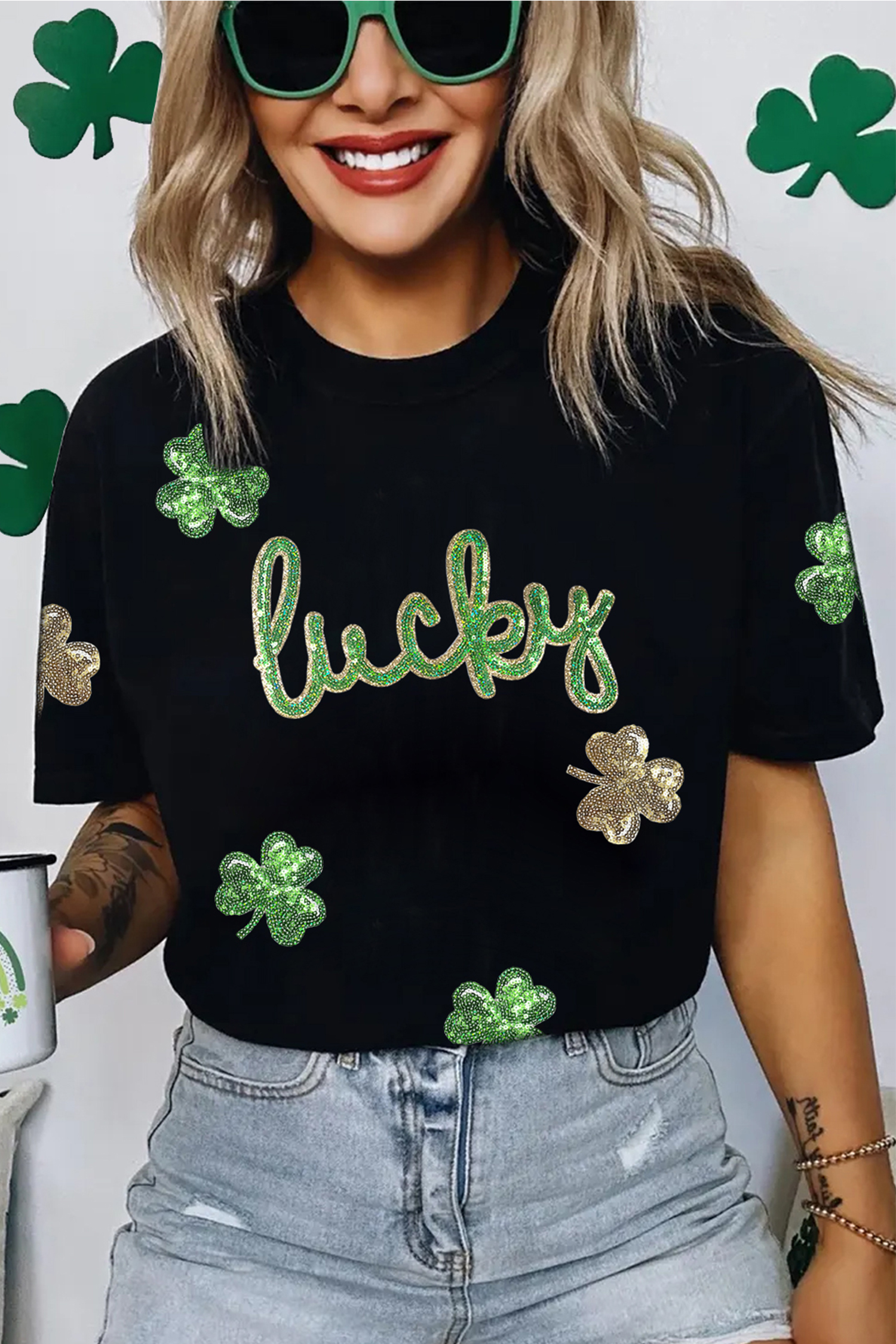 Black Lucky Sequin Shamrock Irish Festive Graphic Tee