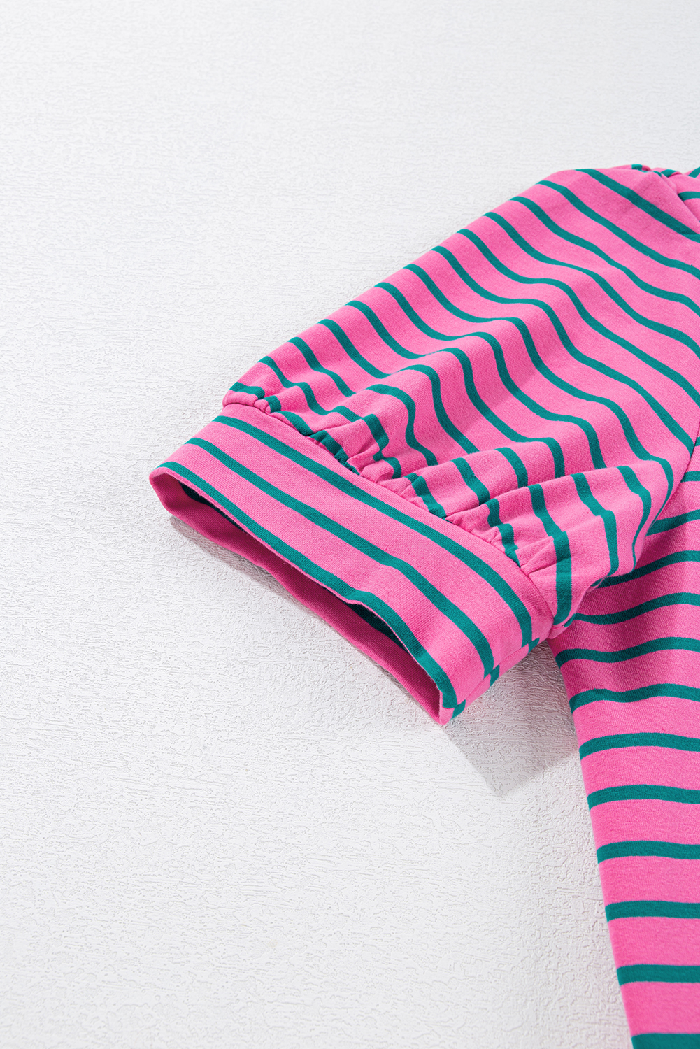 Pink Stripe Collared V Neck Puff Sleeve T Shirt Dress