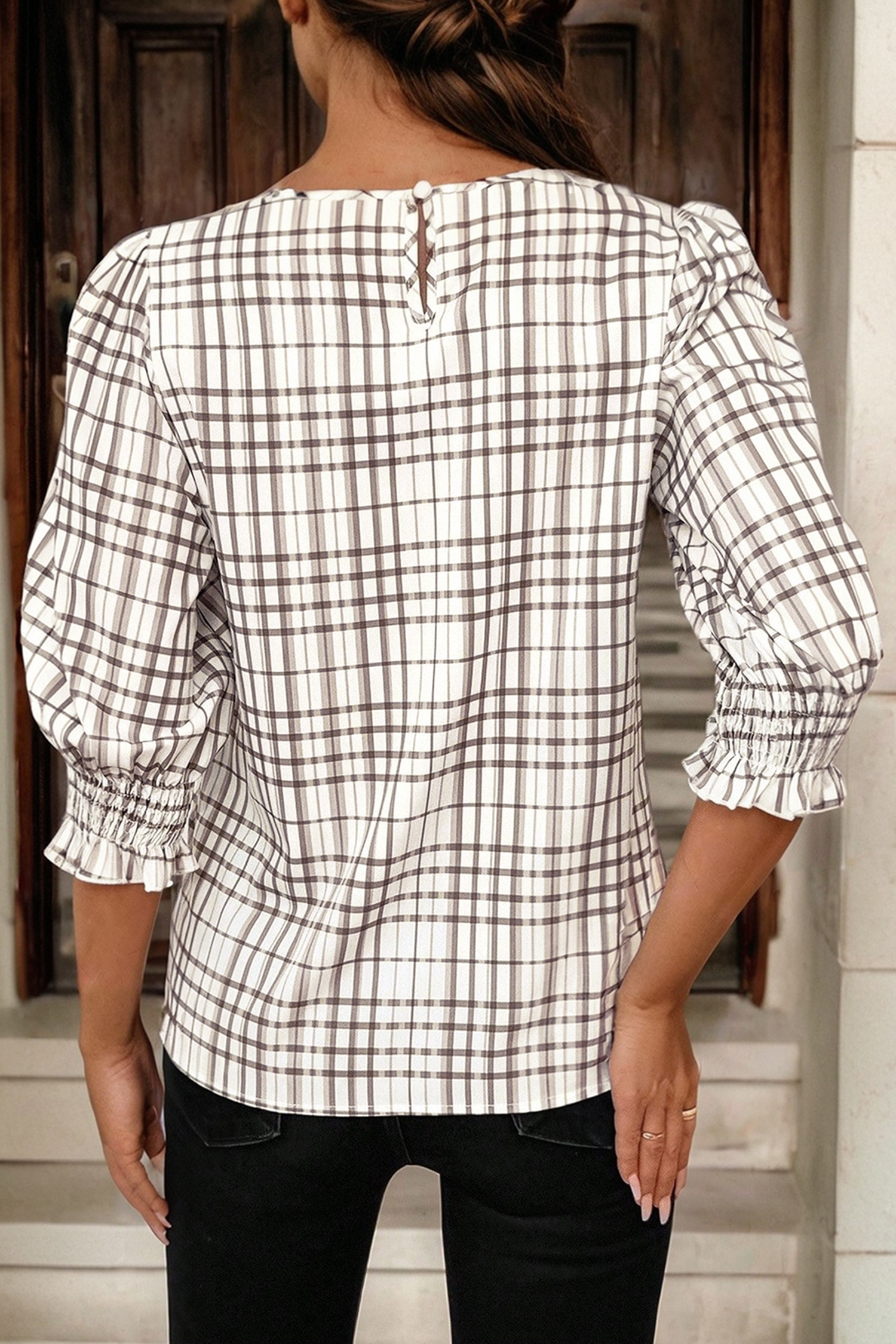 White Plaid Print Frilled Puffy Half Sleeve Blouse