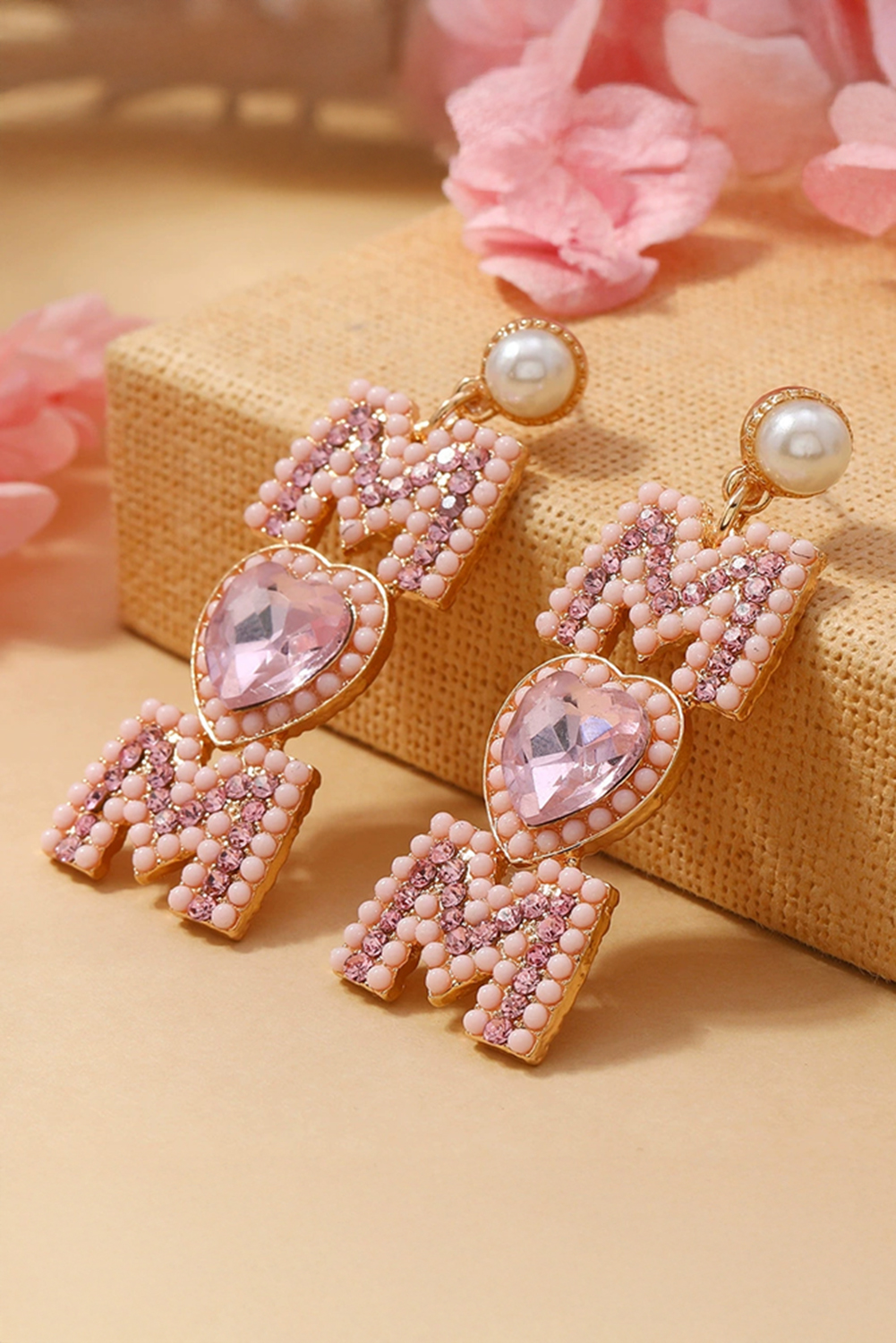 Light Pink Rhinestone Beaded Heart MOM Earrings