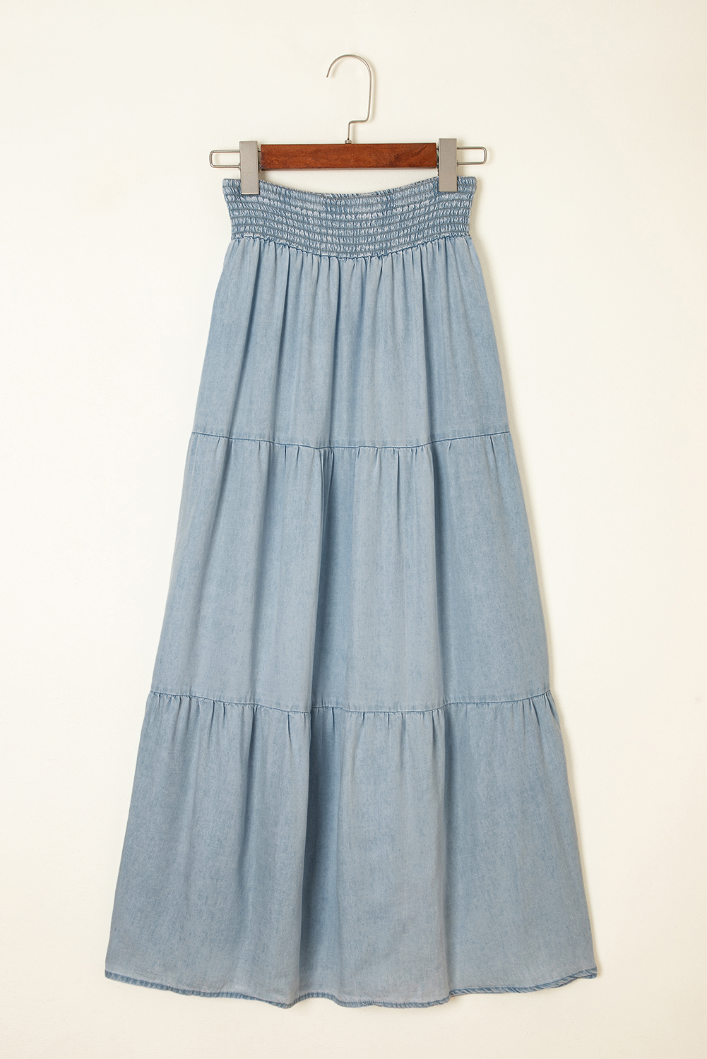Beau Blue Tiered Smocked High Waist Denim Maxi Skirt