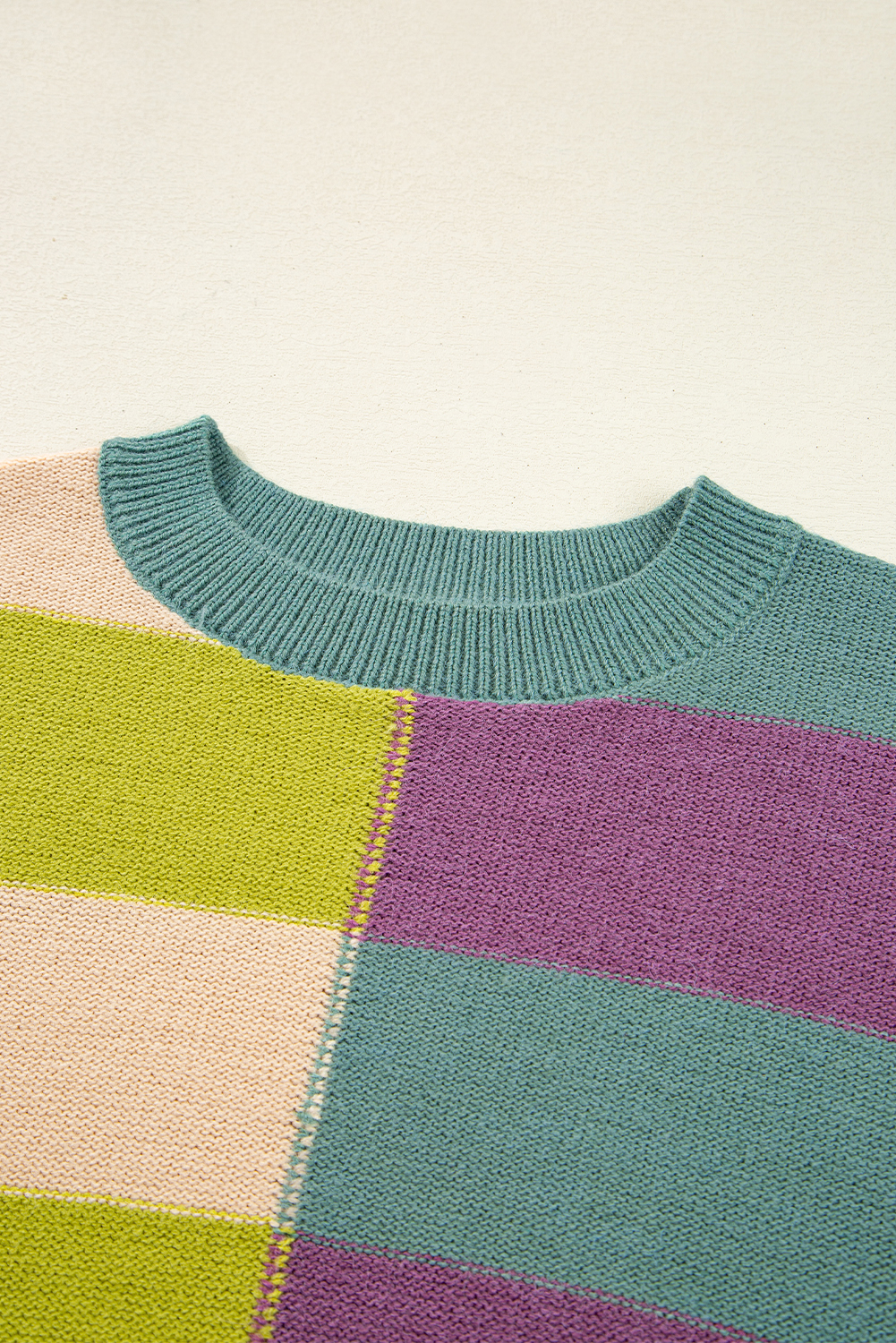 Green Stripe Drop Shoulder Ribbed Edge Casual Sweater