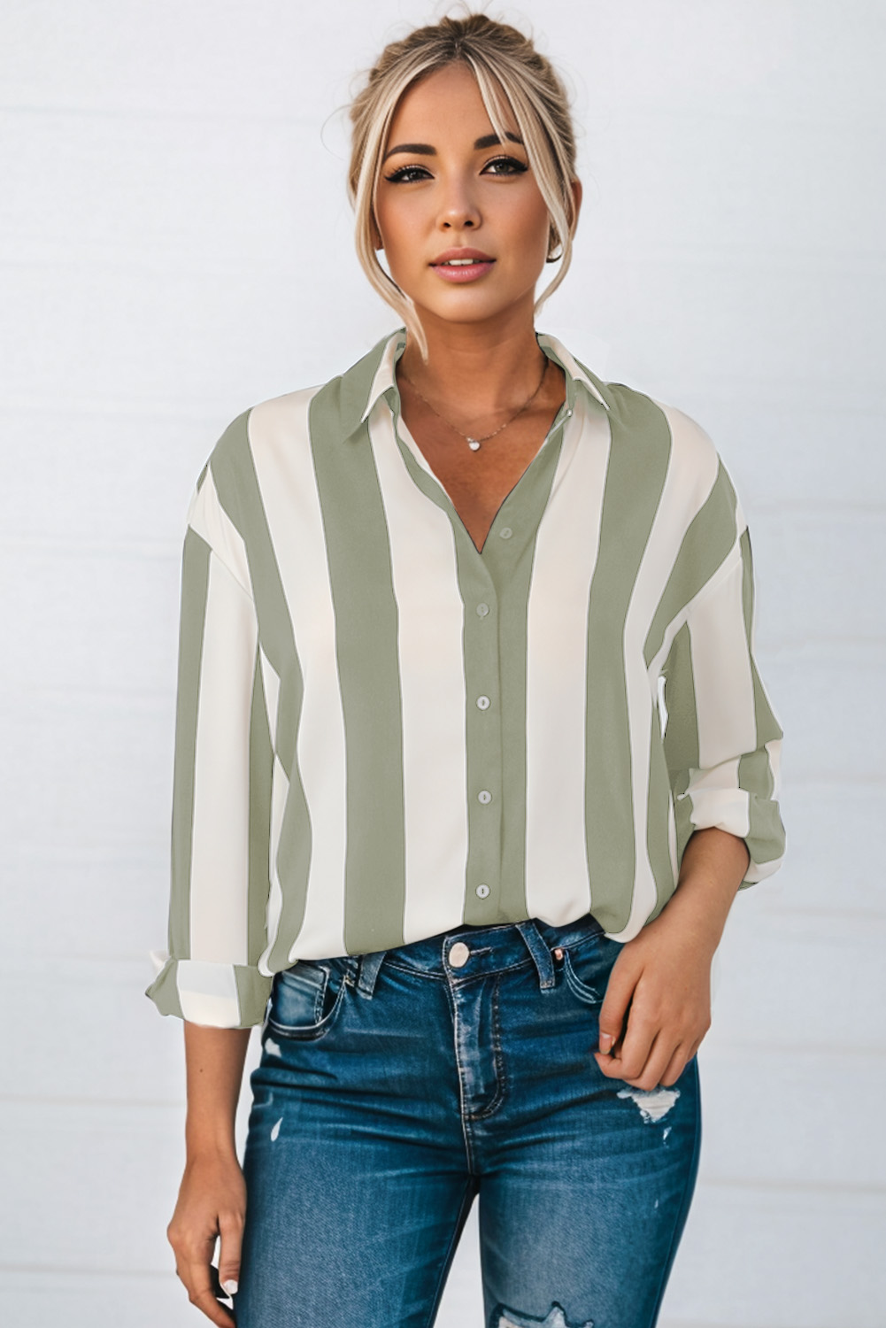 Green Striped Soft Relaxed Button Up Shirt