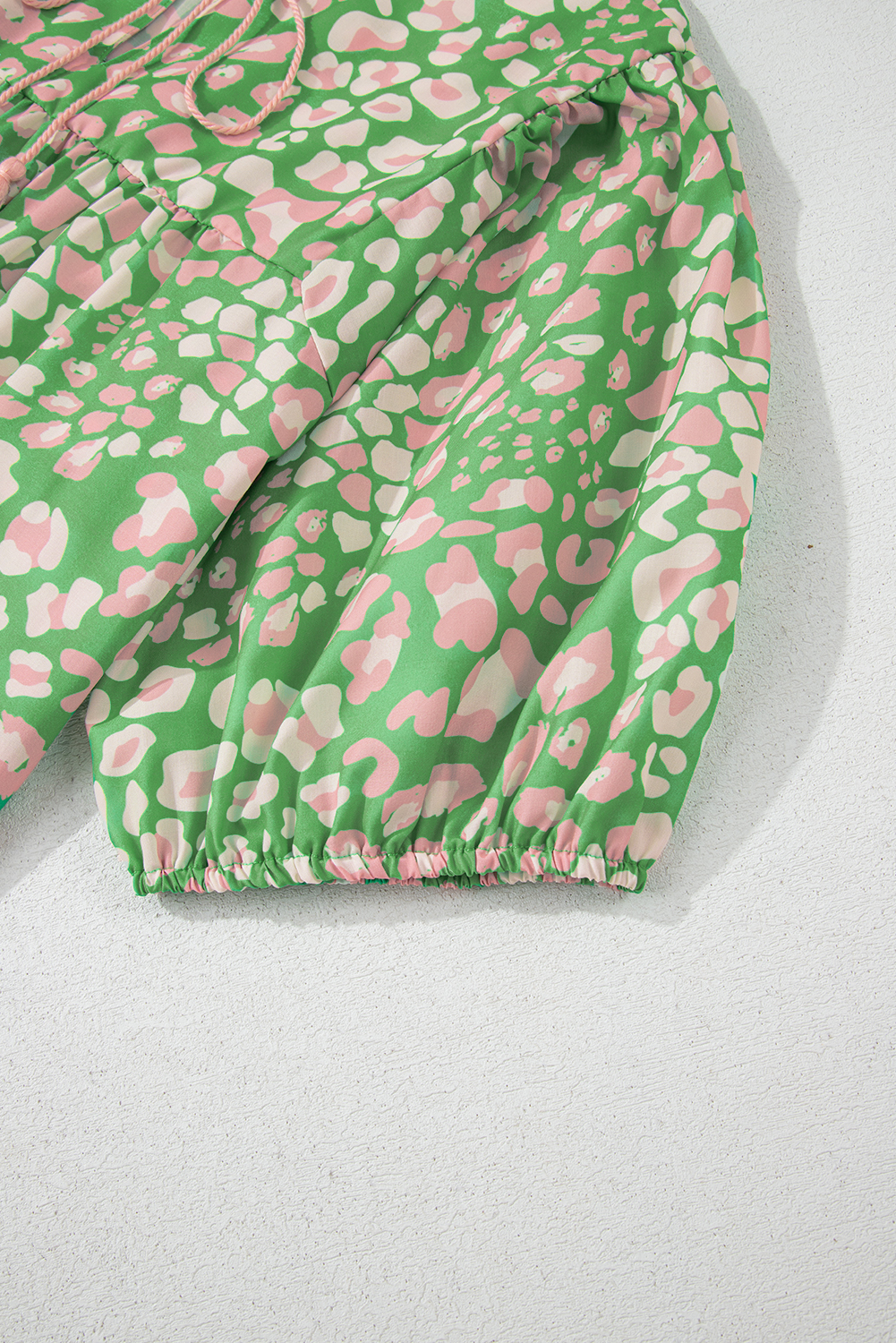 Green Abstract Leopard Tied Front Flutter Sleeve Blouse