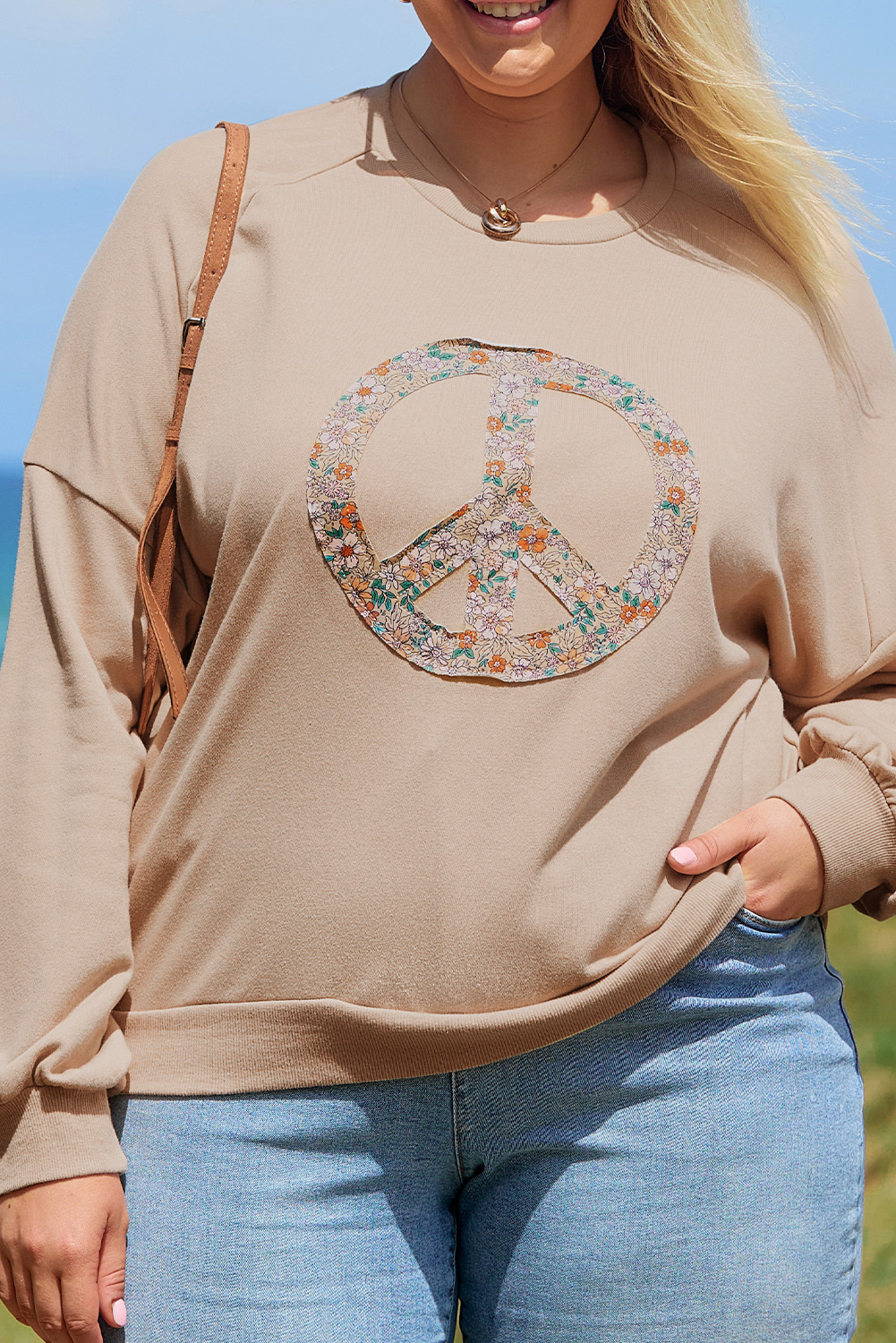 Beige Flower Patch Graphic Exposed Seam Wide Sleeve Top