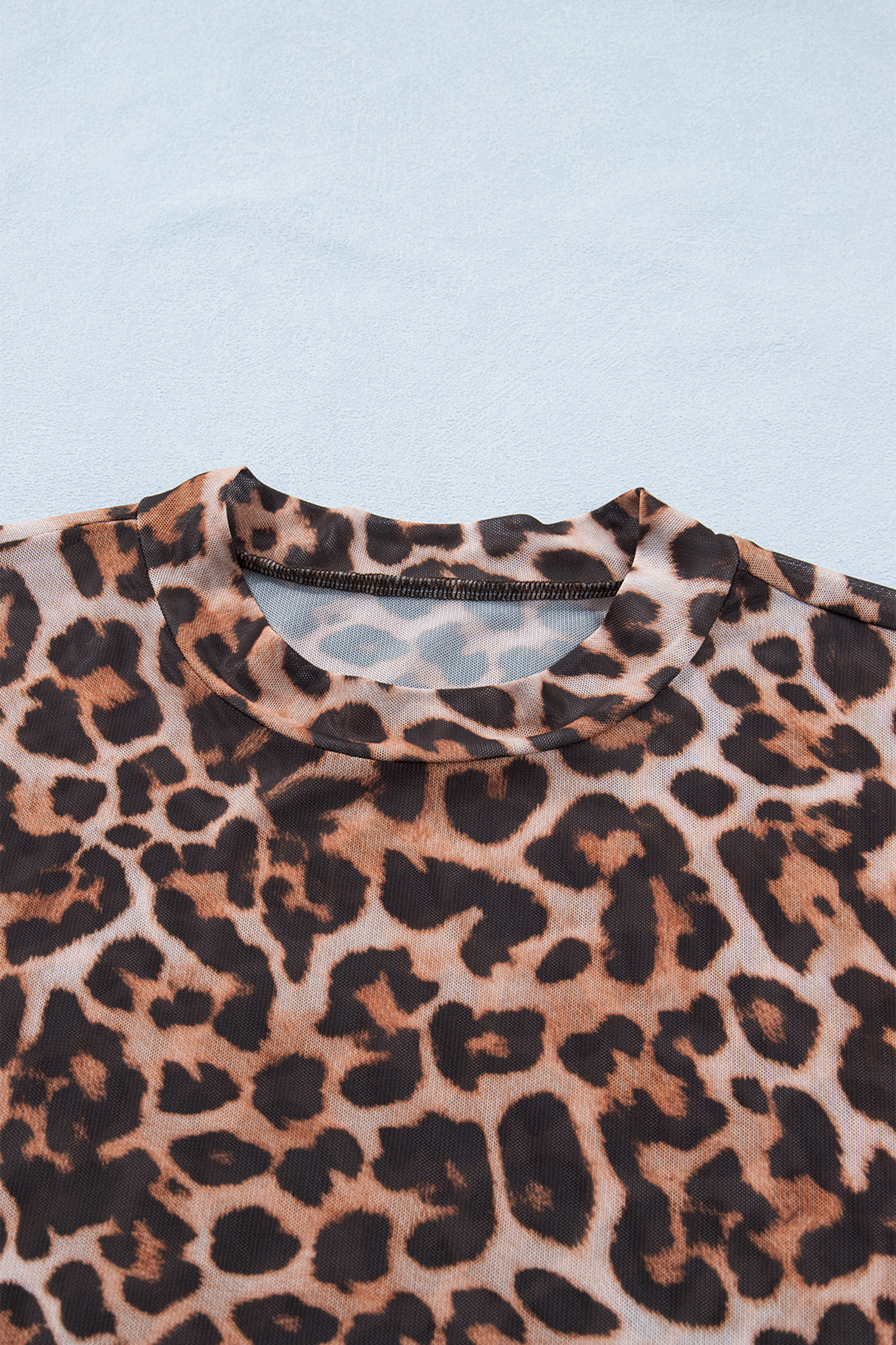 Brown Leopard Mock Neck Long Sleeve Mesh Top