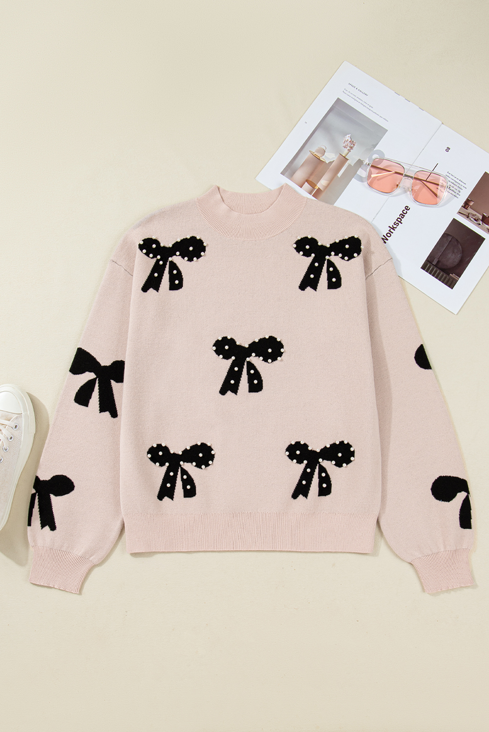 Bright Pink Pearl Embellished Bow Pattern Loose Sweater