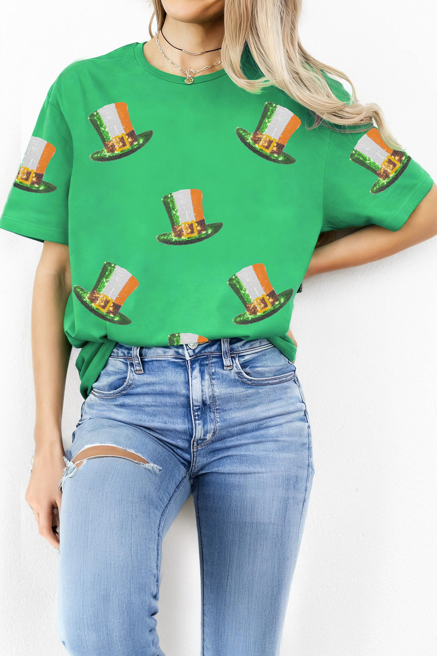 Bright Green Sequin St Patricks Day Hat Relaxed T Shirt