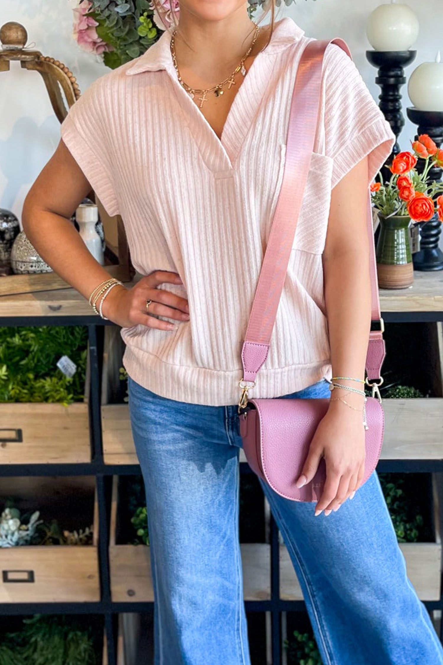 Light Pink Collared V Neck Ribbed Tee