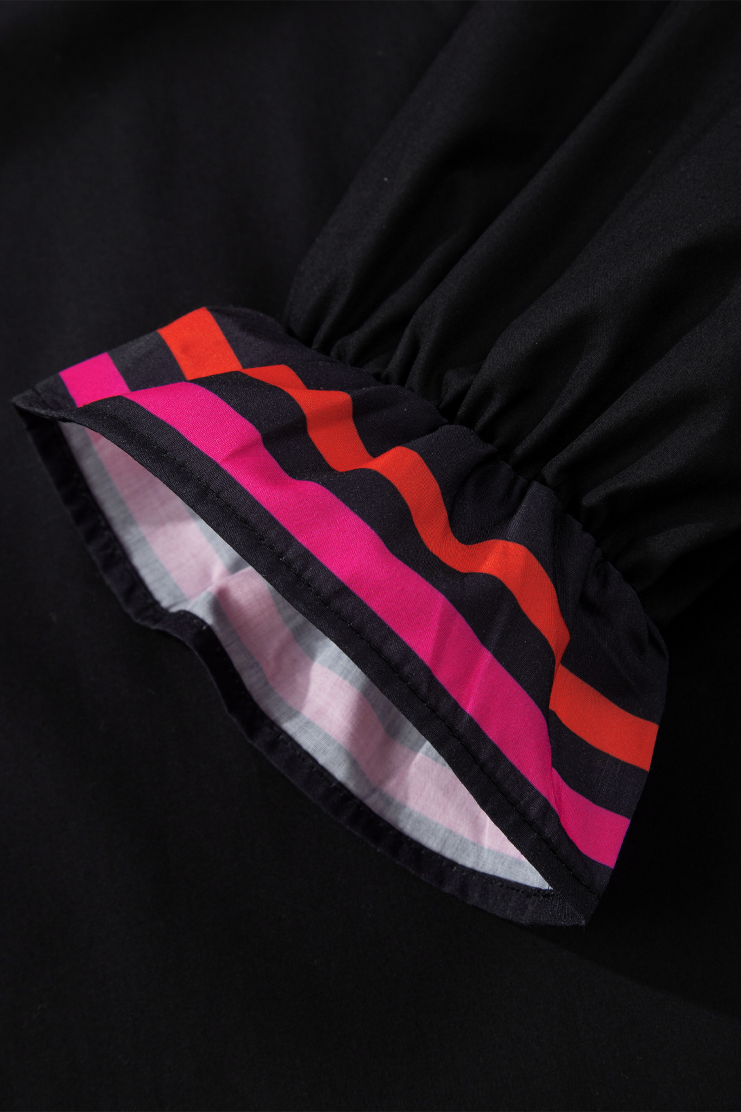 Four Leaf Clover Striped Trim Ruffle Split Neck Long Sleeve Blouse