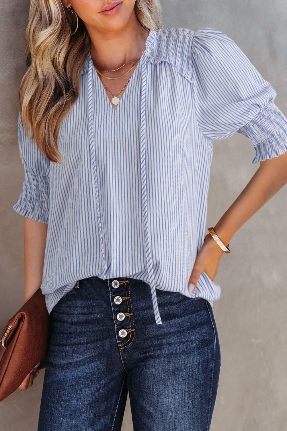 Gray Stripe Shirred Detail V Neck Puff Half Sleeve V Neck Blouse