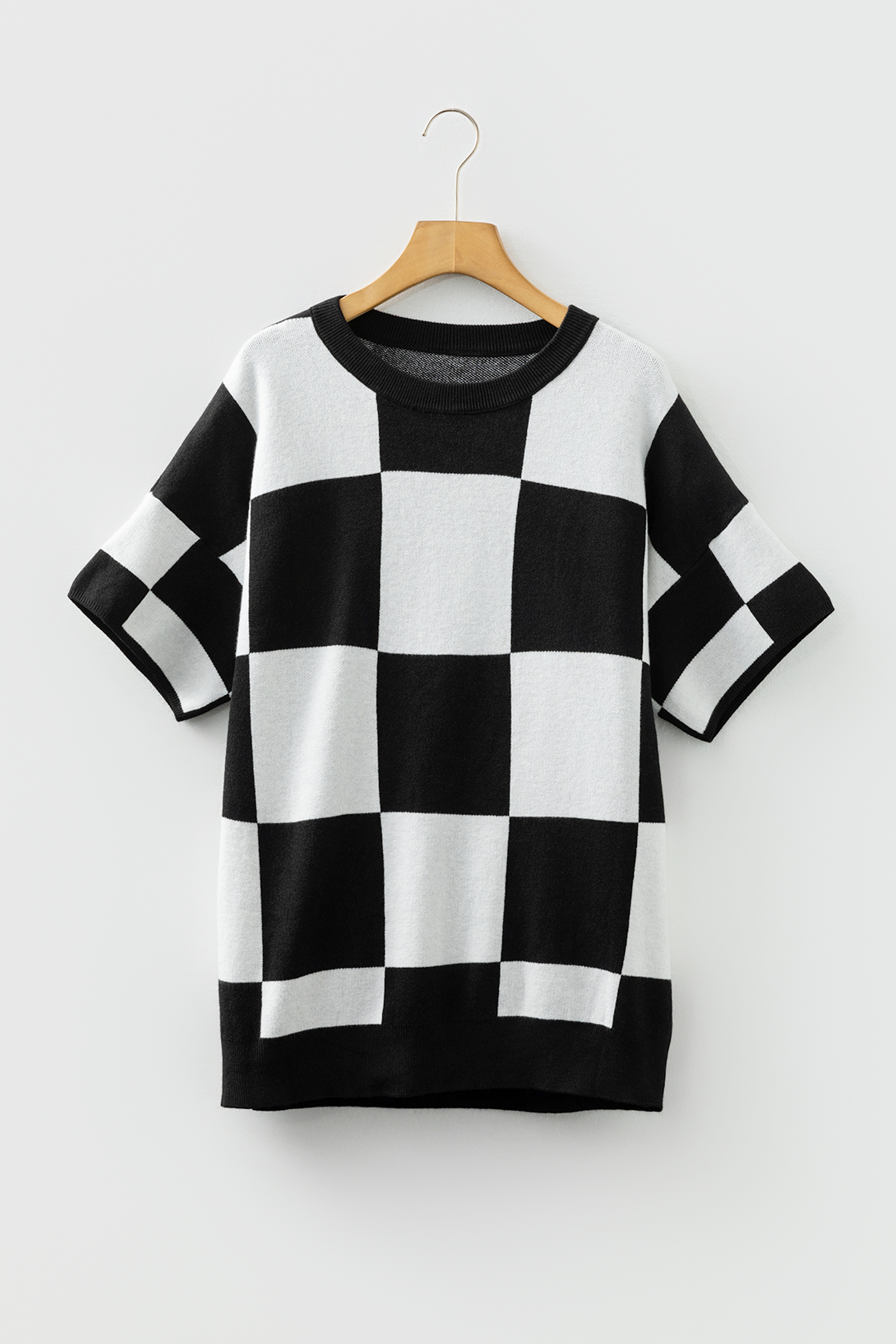 Black Checkered Pattern Loose Drop Shoulder Half Sleeve Sweater