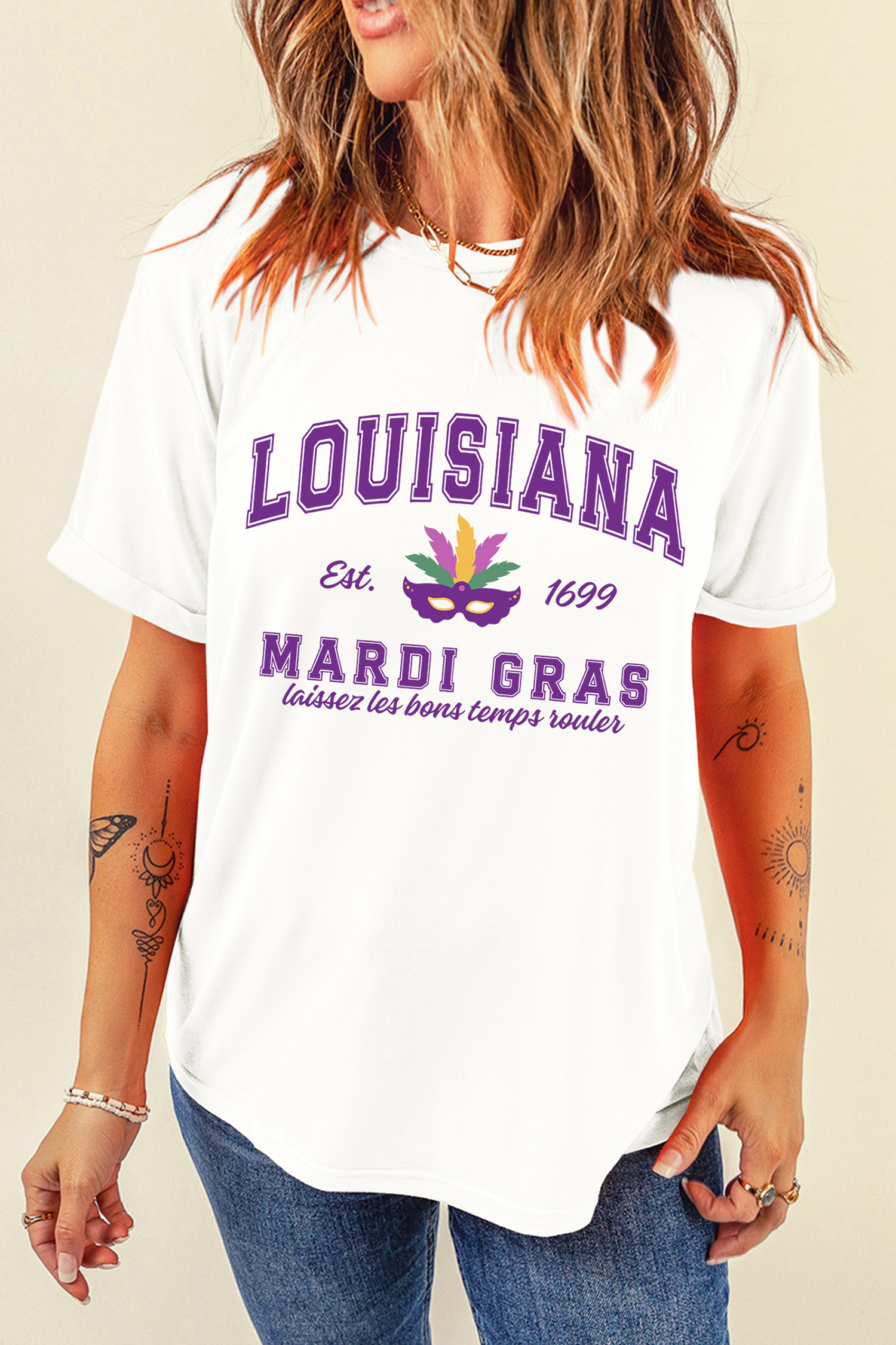 White LOUISIANA MARDI GRAS Retro Print T Shirt