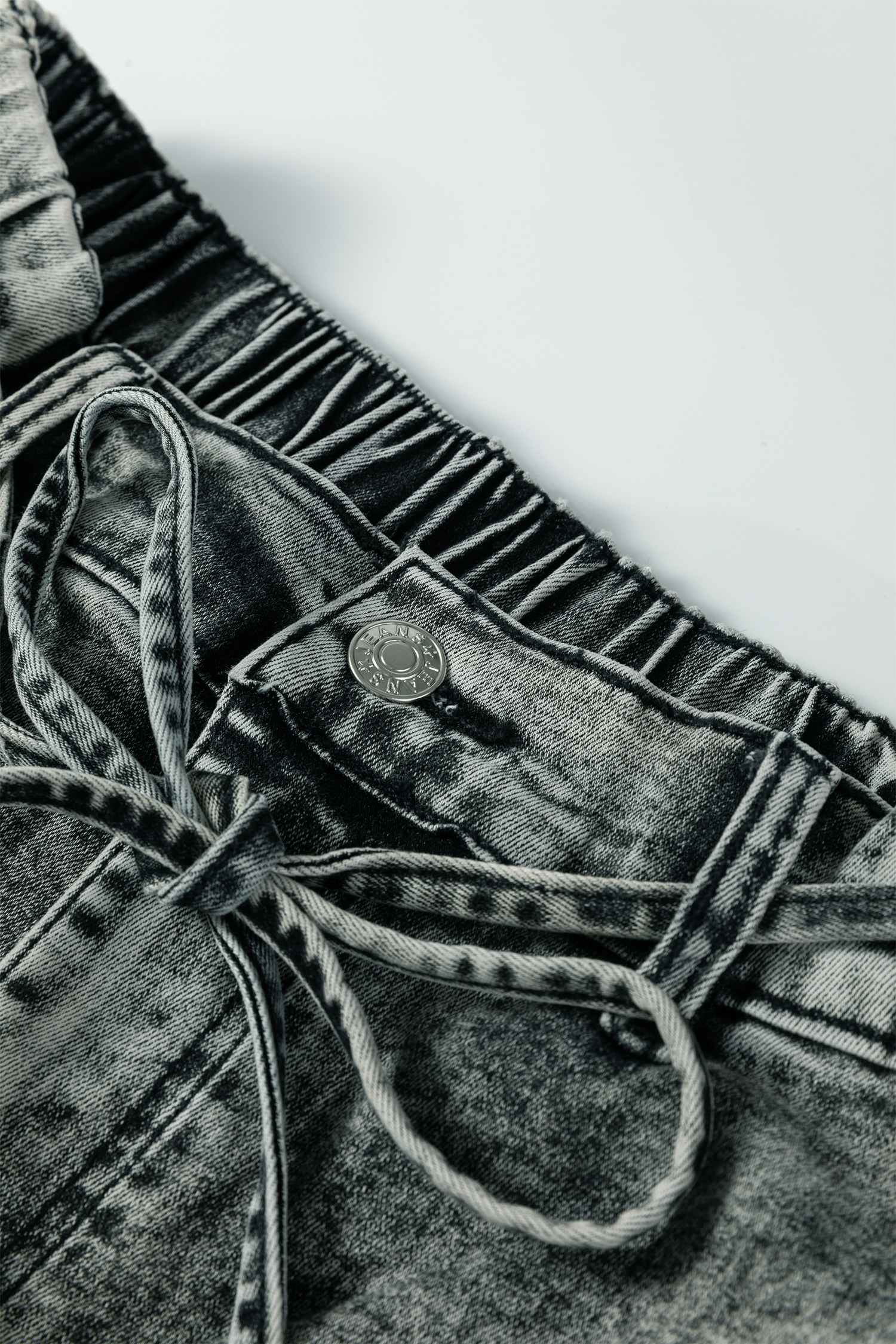 Smoke Gray Acid Wash Barrel Fit Denim Pants with Waist String