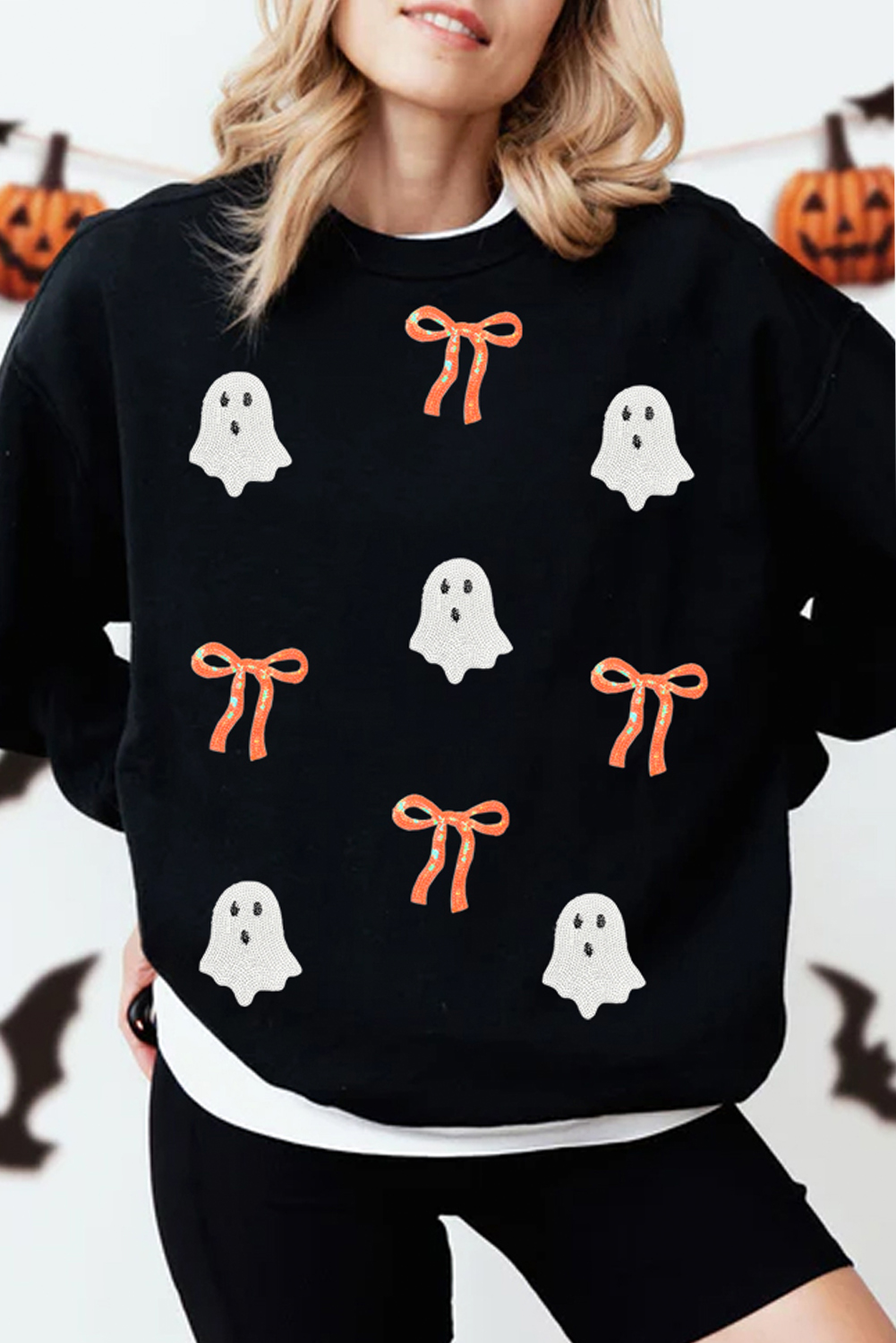 Black Sequin Bow Ghost Patched Halloween Graphic Tee