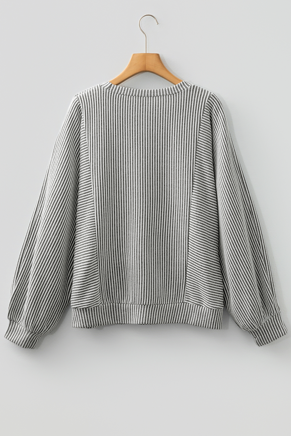 Gray Ribbed Knit Round Neck Long Lantern Sleeve Top