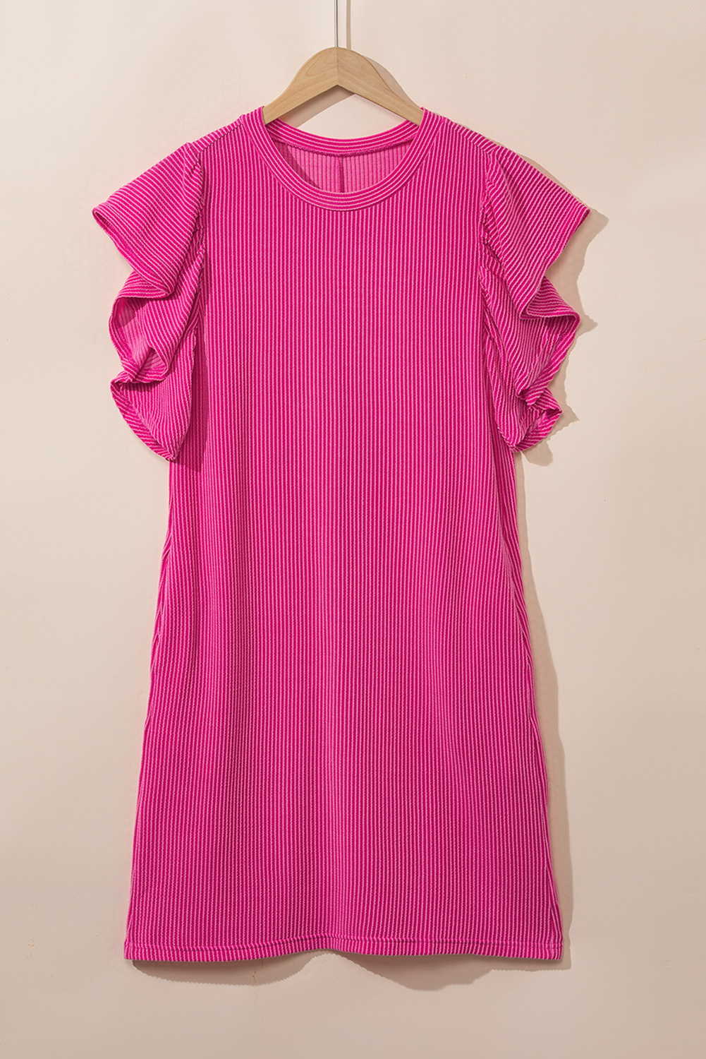 Bright Pink Striped Ribbed Knit T-shirt Shift Dress