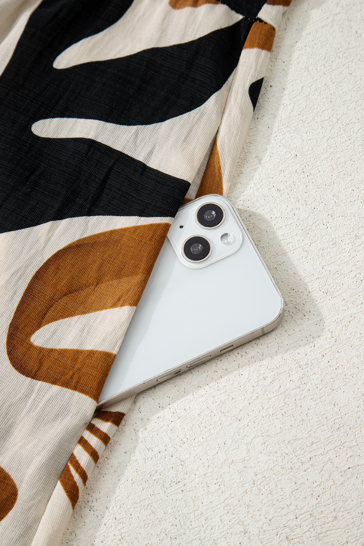 Brown Tropical Printed Contrast Trim Neck Long Sleeve Ruffle Hem Dress