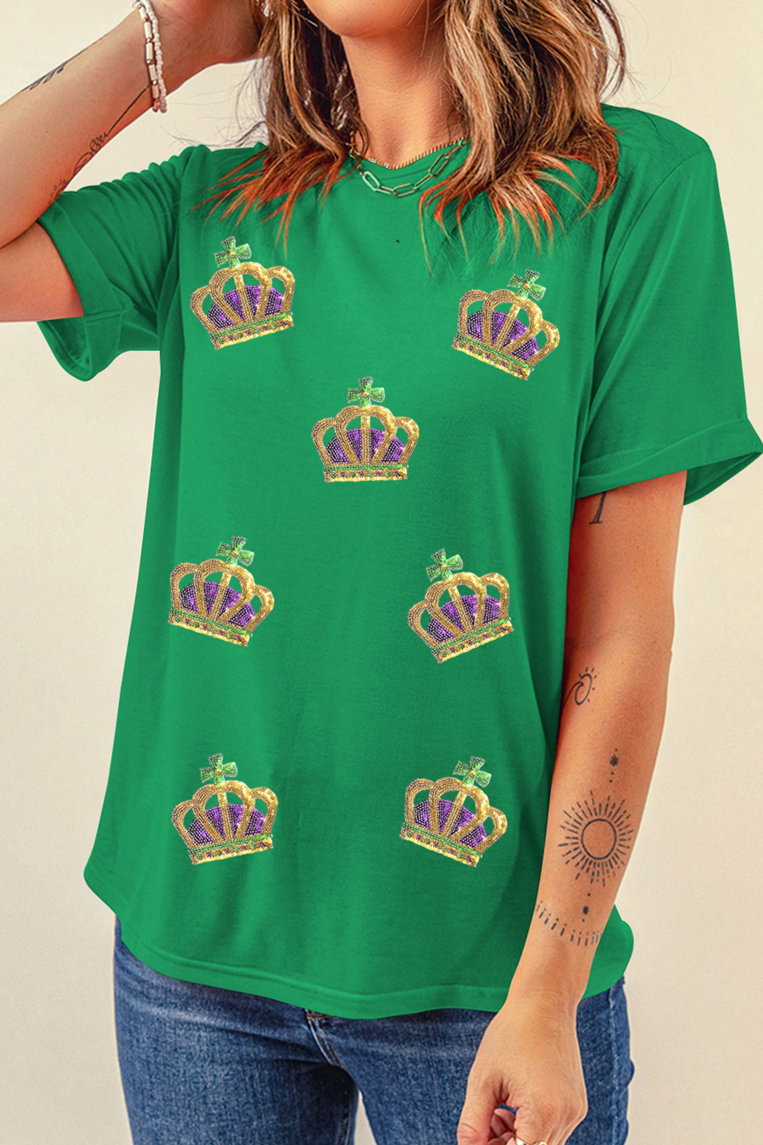 Bright Green Sequin Mardi Gras Crown Rolled Sleeve T Shirt