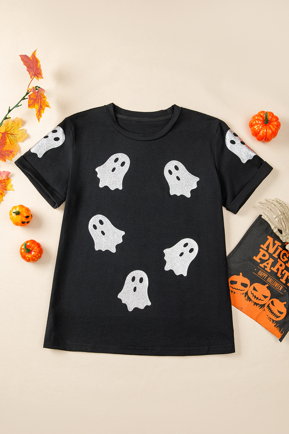 Wisteria Glitter Trim Chenille Ghost Patched Halloween Graphic Tee