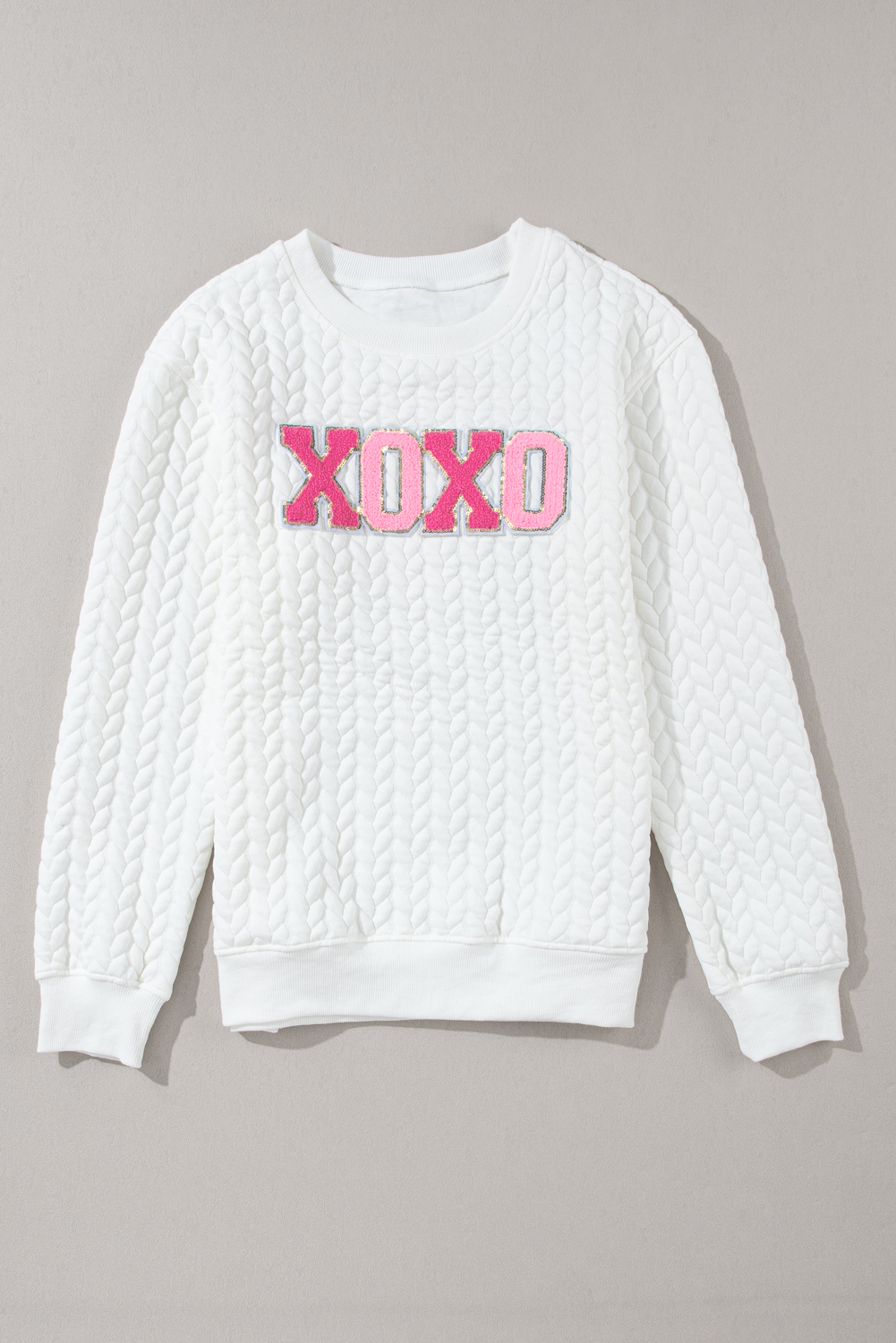 White LOVE Chenille Embroidered Cable Knit Pullover Sweatshirt