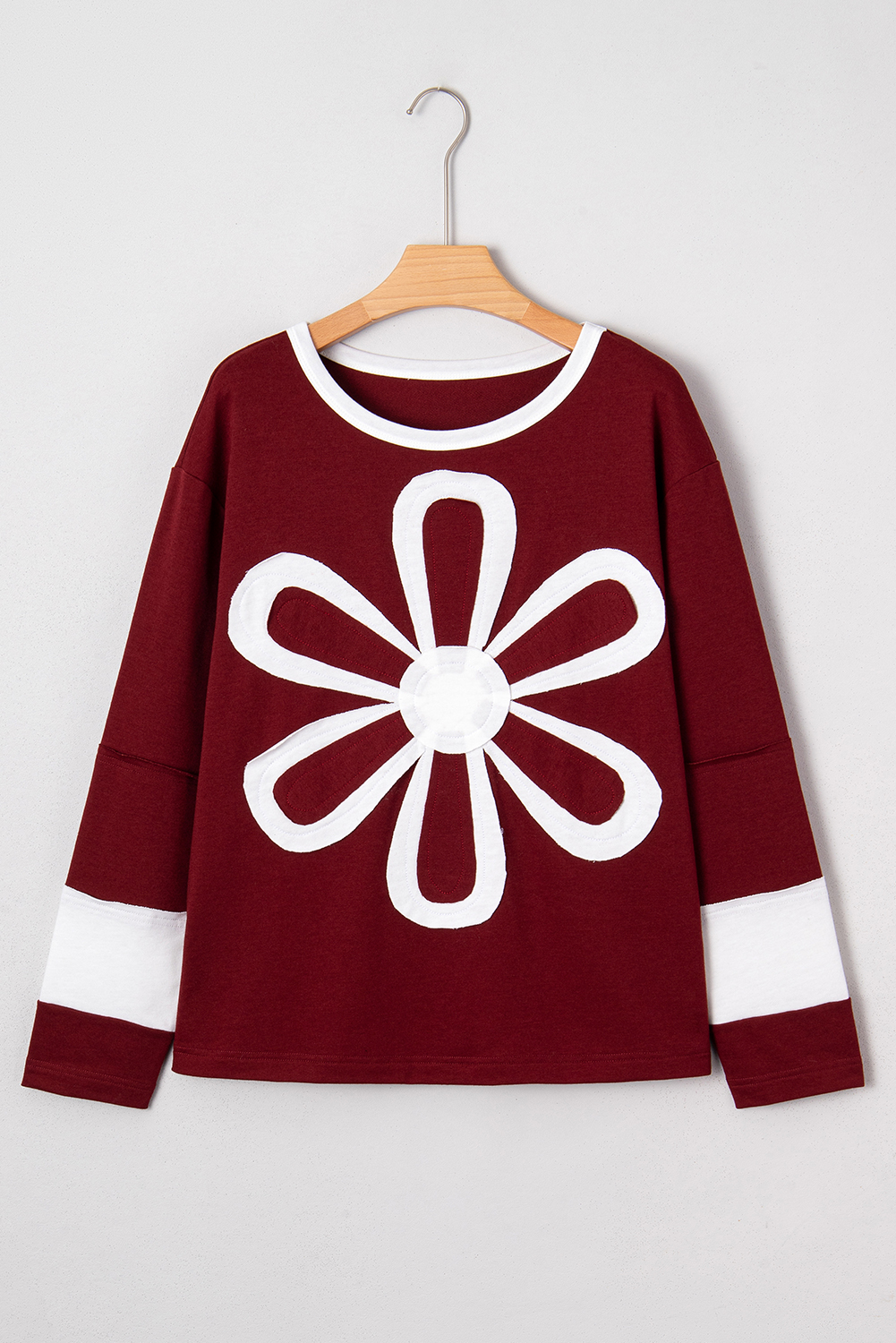 Red Dahlia Cheerful Daisy Flower Patched Round Neck Long Sleeve Top