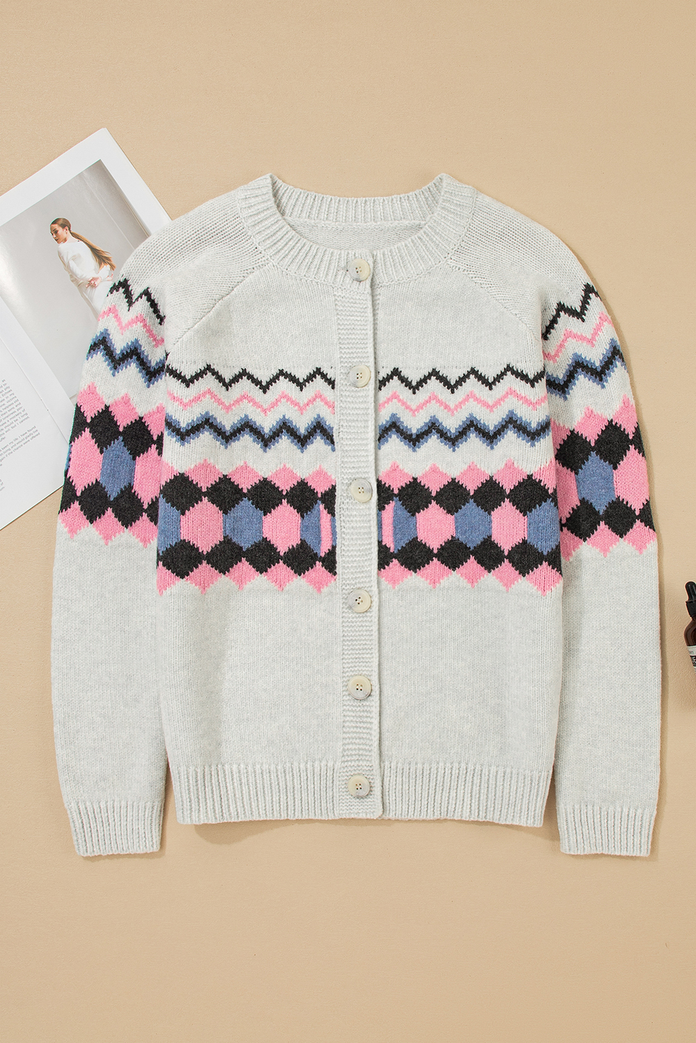 Pink Stripe Geometric Button Up Sweater Cardigan