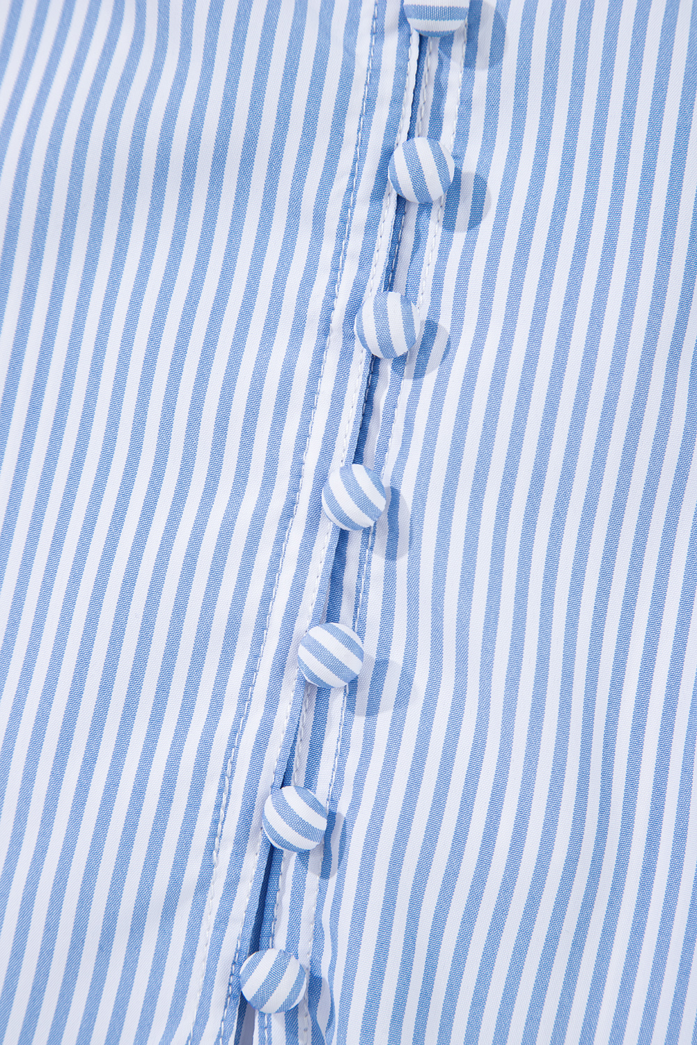 Sky Blue Stripe Ruffled Collar Puff Sleeve Half Buttons Blouse