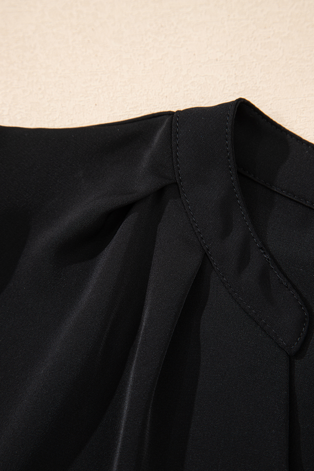 Black Silky Notched Neckline Petal Sleeve Blouse