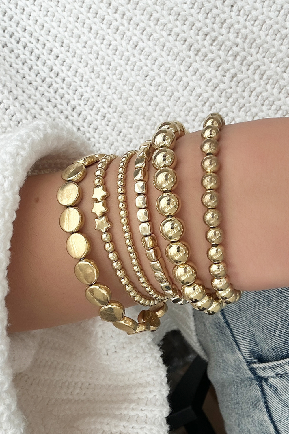 Gold Plated 6pcs Star Round Disk Ball Beading Bracelet Set