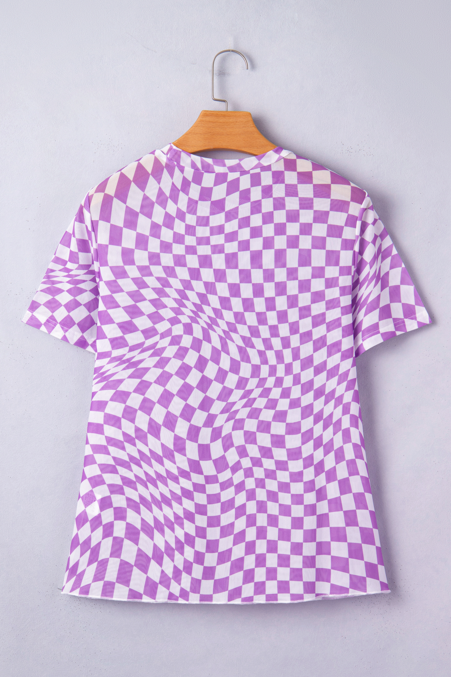 Purple Checkered Print Mock Neck Mesh T Shirt