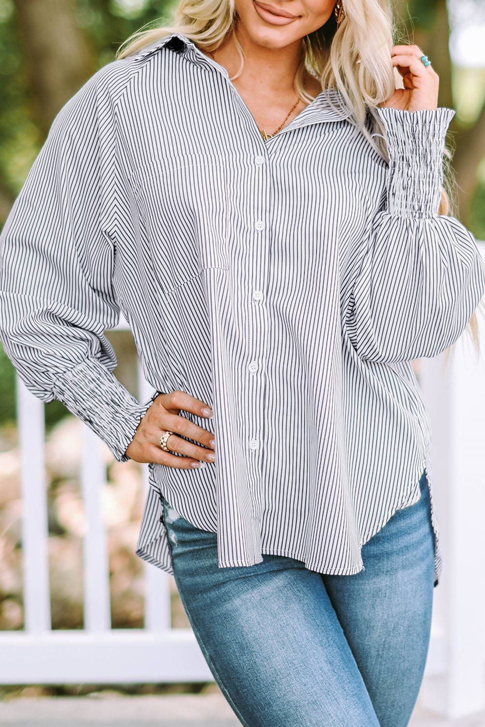 Red Stripe Smocked Cuffed Striped Boyfriend Shirt with Pocket