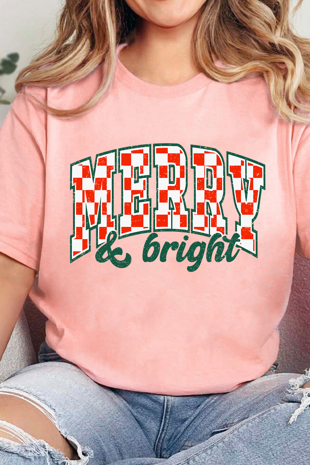 Pink MERRY & bright Checkered Letter Graphic Christmas Tee